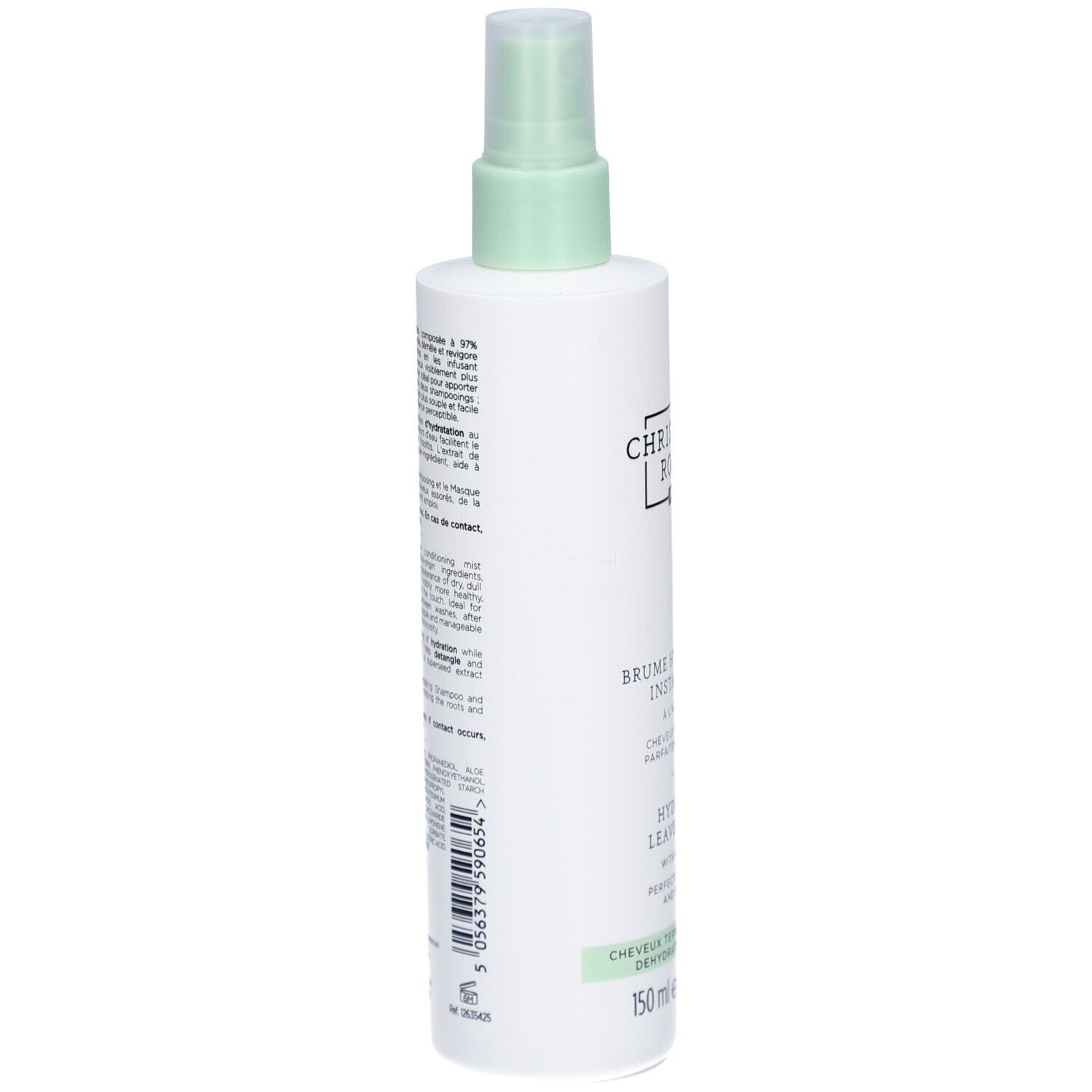 Weißes Spray, Rückseite mit Text. Aufschrift: Brume Hydratante Instantanee, Hydrating Leave-in Mist. Mit Barcode.
