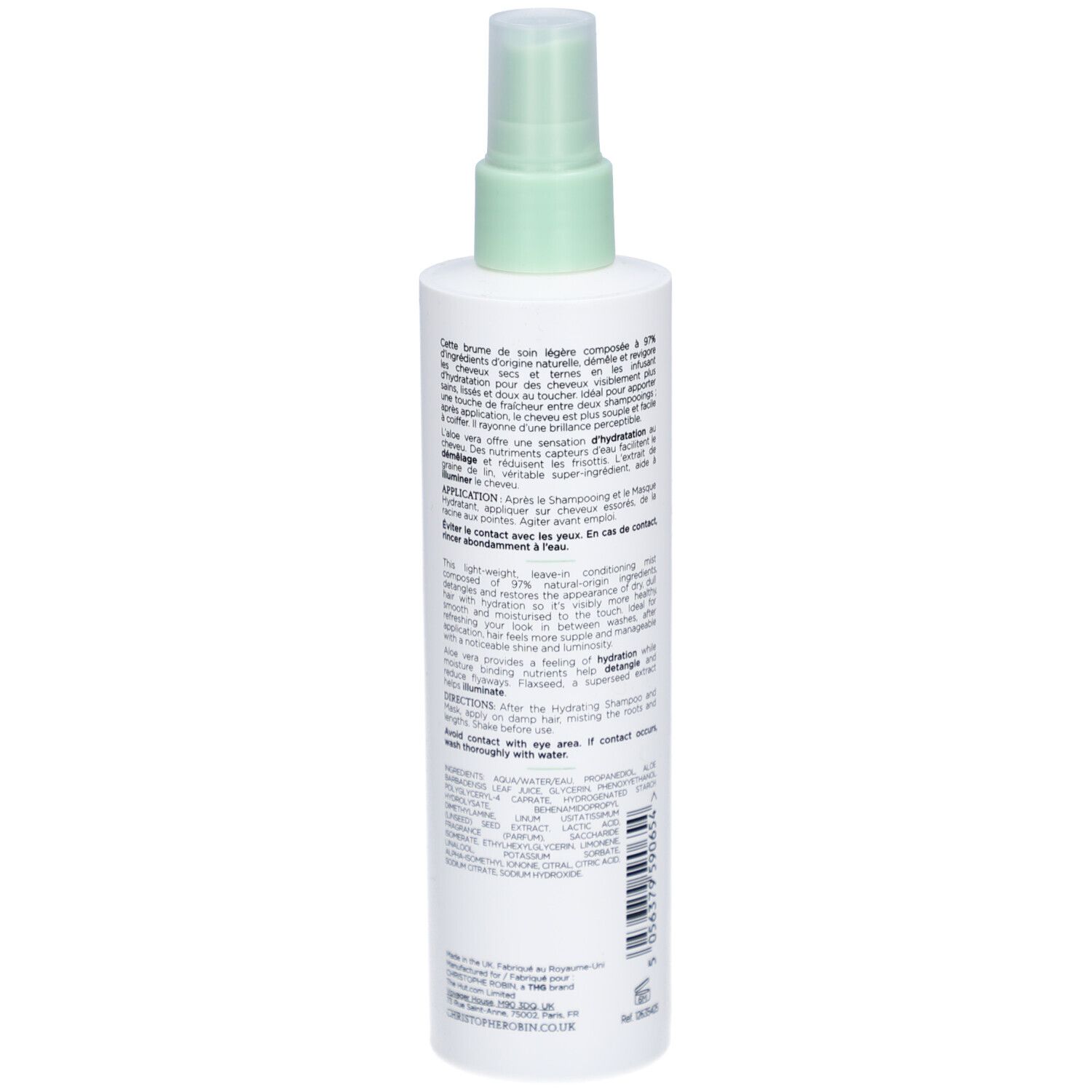 Weißes Spray, Rückseite mit Text. Aufschrift: Brume Hydratante Instantanee, Hydrating Leave-in Mist. Mit Anweisungen.