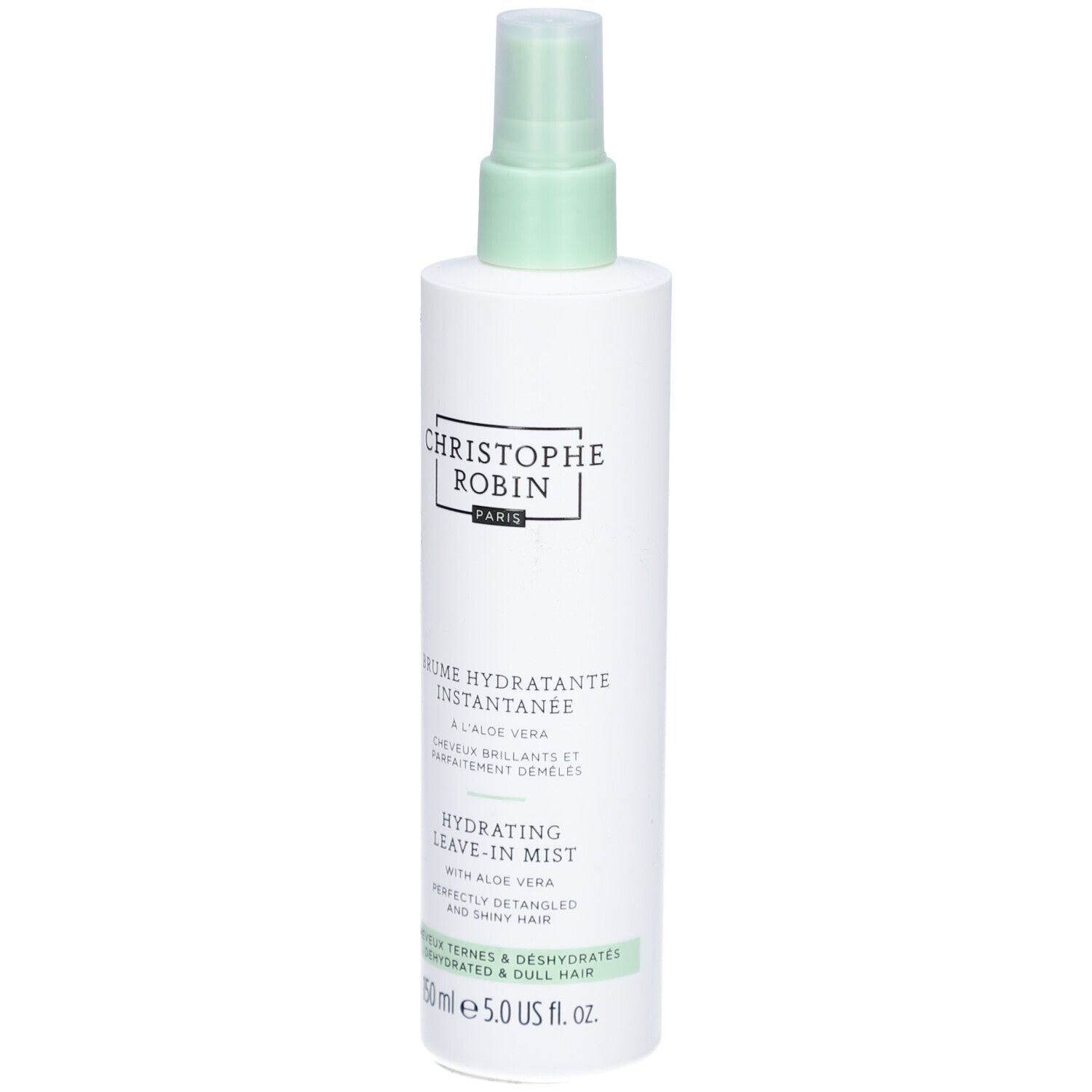 Weißes Spray mit grünem Sprühkopf. Aufschrift: Christophe Robin, Brume Hydratante Instantanee, Hydrating Leave-in Mist.