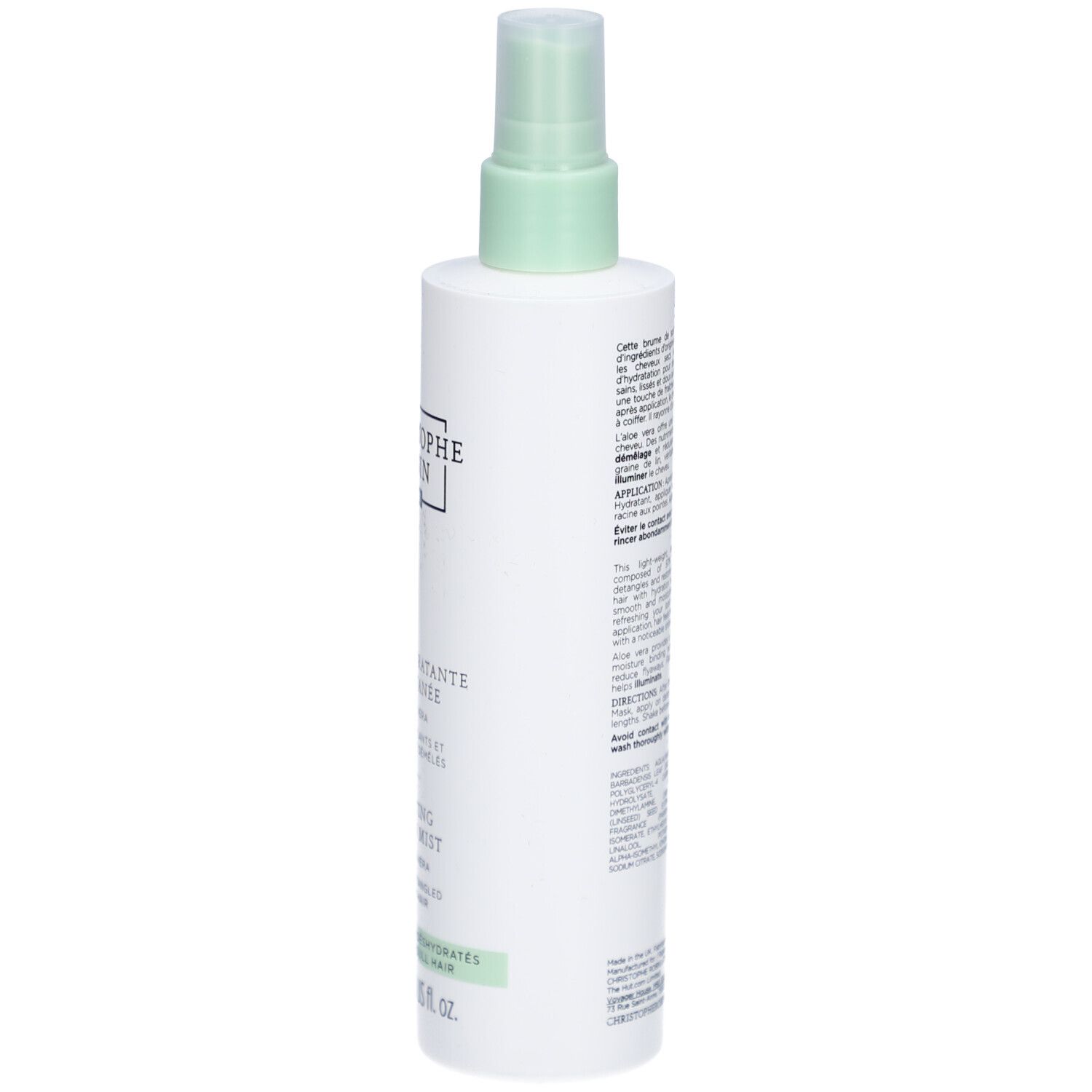 Weißes Spray, Rückseite mit Text. Aufschrift: Brume Hydratante Instantanee, Hydrating Leave-in Mist. Mit Barcode.