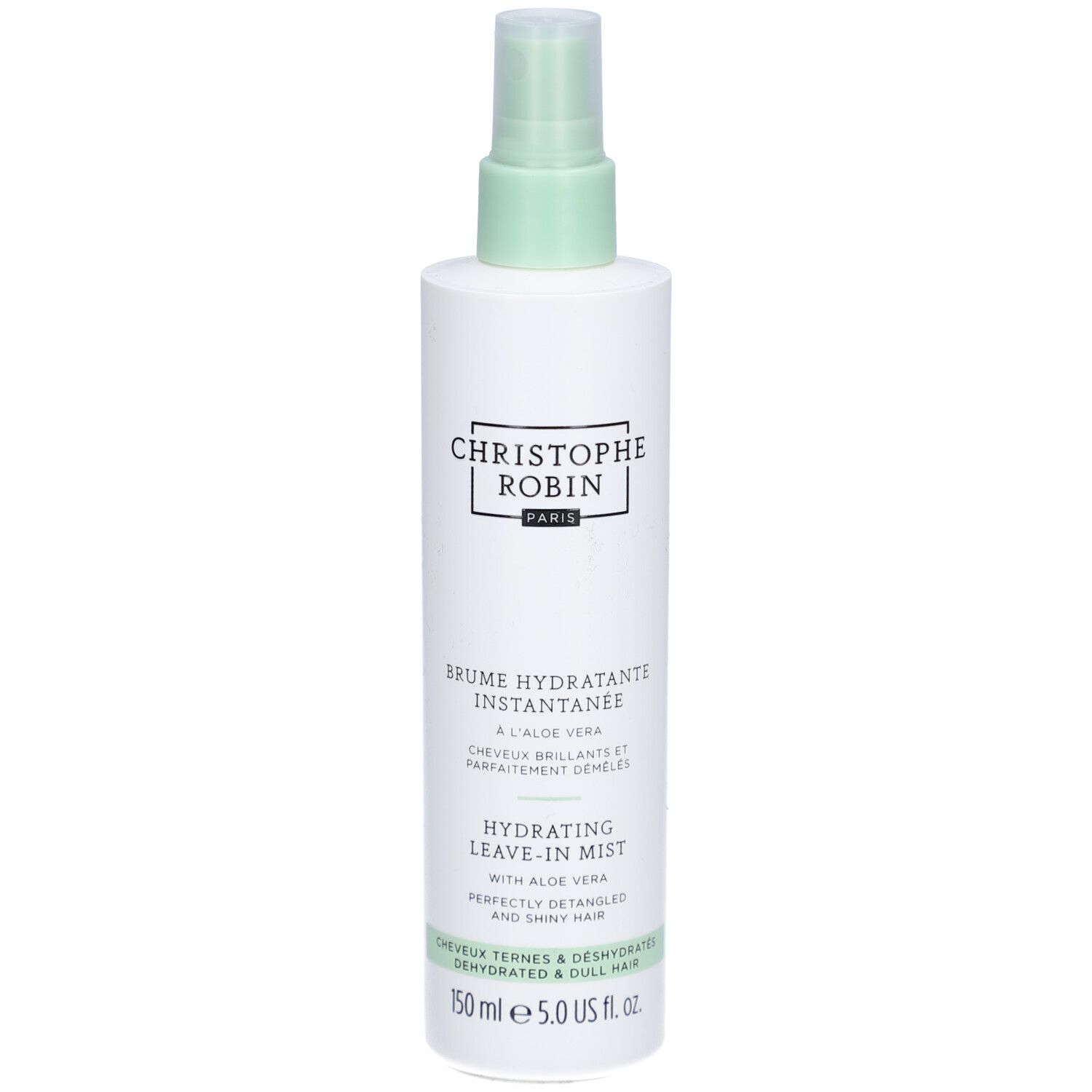 Weißes Spray mit grünem Sprühkopf. Aufschrift: Christophe Robin, Brume Hydratante Instantanee, Hydrating Leave-in Mist.