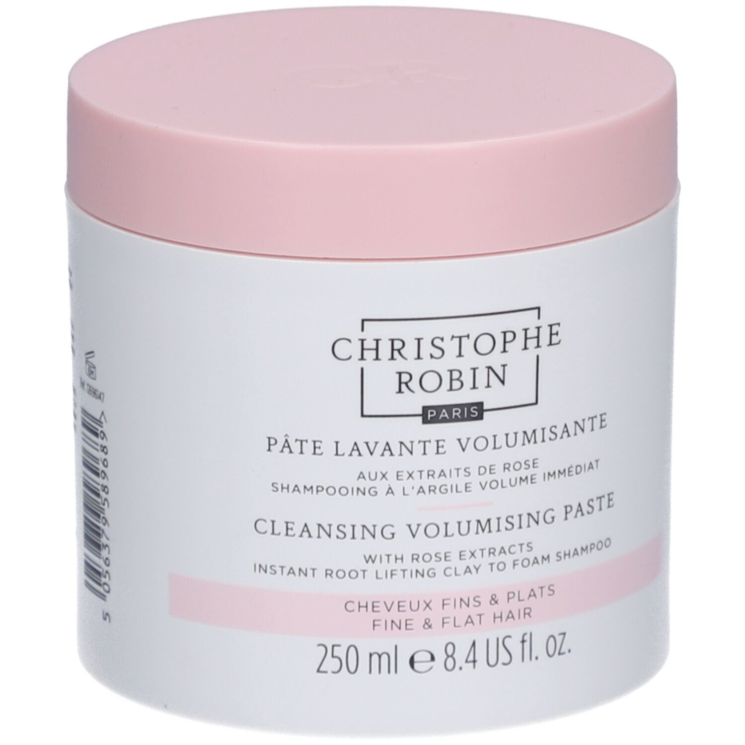 Pot rond, couvercle rose. Inscription: Christophe Robin Paris. Pâte Lavante Volumissante. 250 ml.