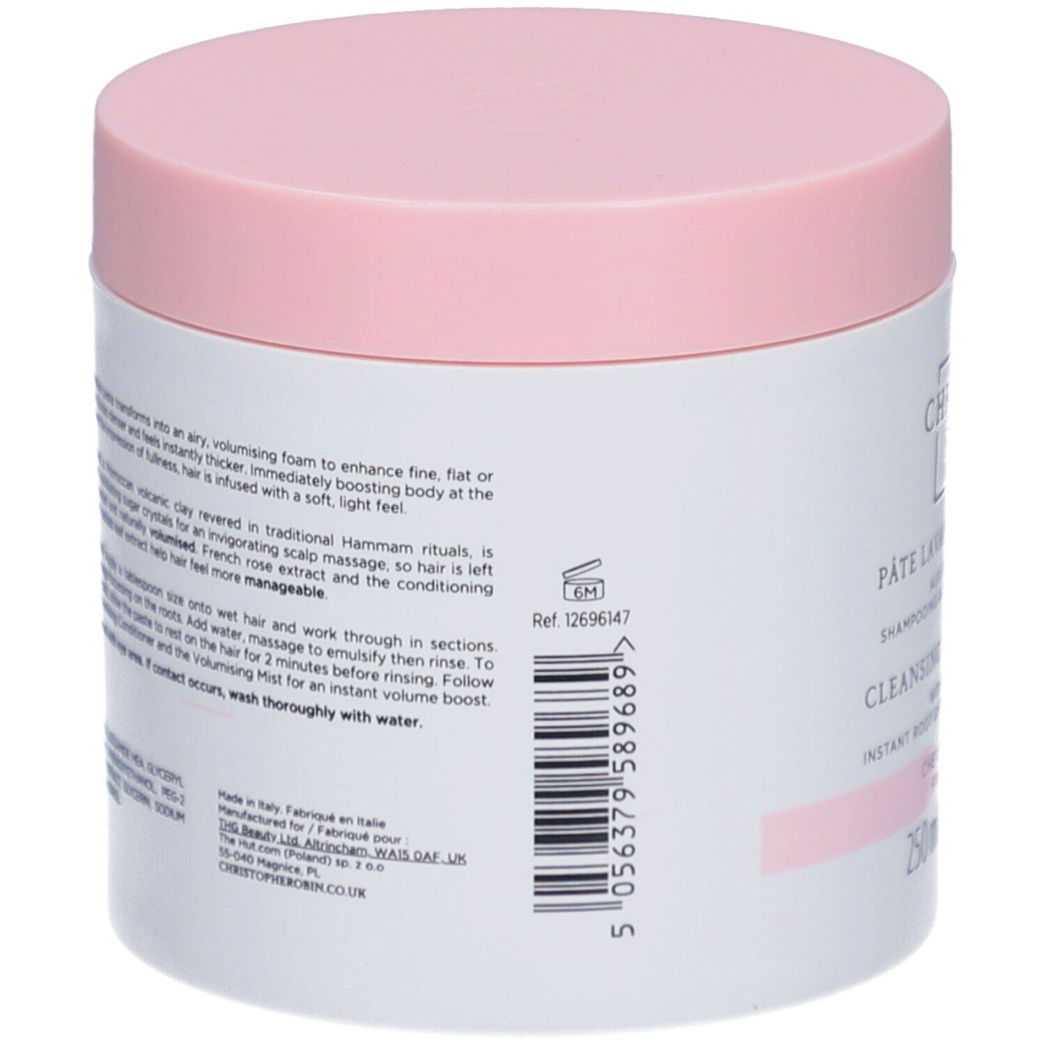 Pot rond, dos. Texte: Pâte Lavante Volumissante. Cleansing Volumising Paste. 250 ml. Code-barres.
