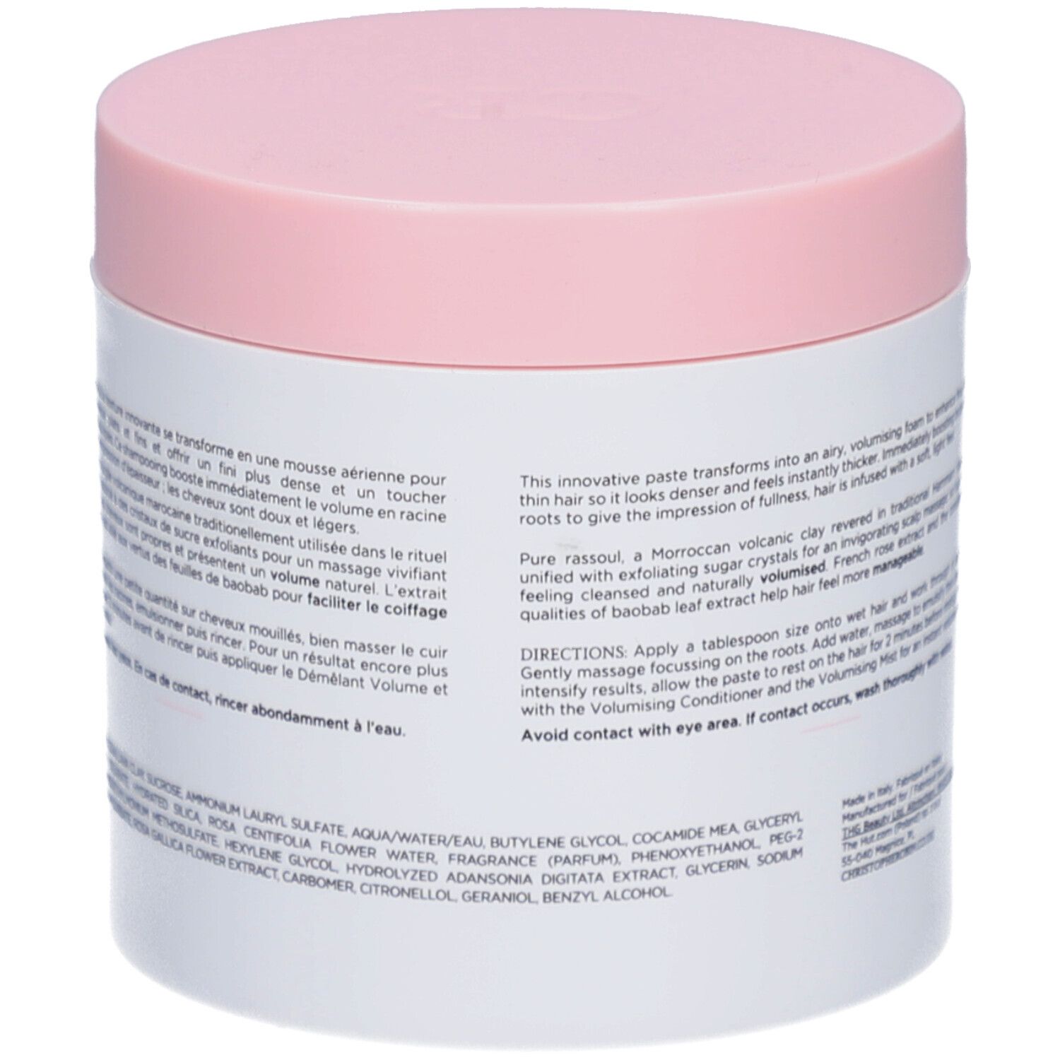Pot rond, dos. Texte: Pâte Lavante Volumissante. Cleansing Volumising Paste. Instructions d'utilisation.