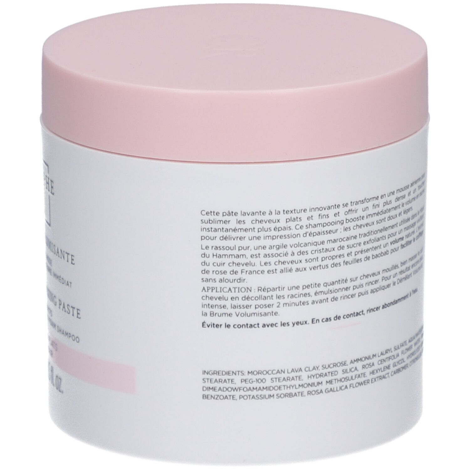 Pot rond, dos. Texte: Pâte Lavante Volumissante. Cleansing Volumising Paste. Instructions d'utilisation.