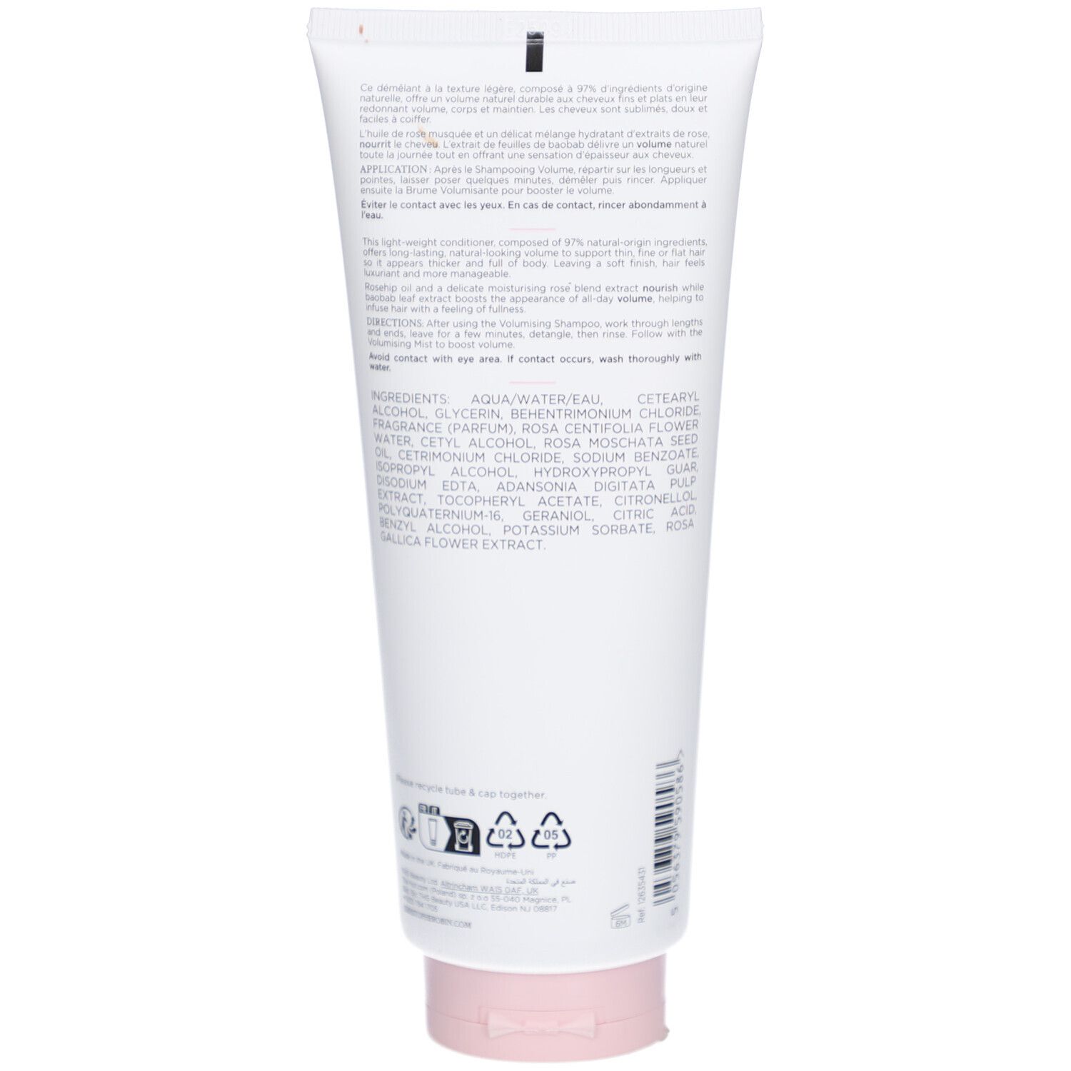 Rückseite der Tube. Text und Inhaltsstoffe. Weiße Tube mit rosa Verschluss. Recycling-Symbole.