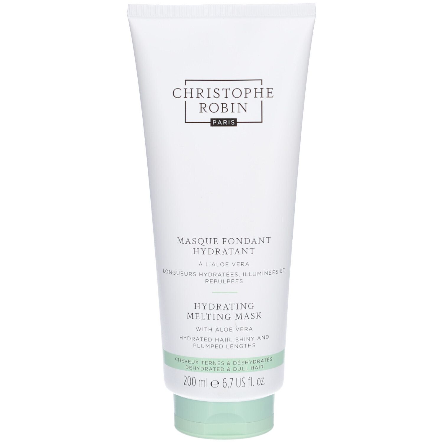 Tube blanc avec bouchon vert. Texte: CHRISTOPHE ROBIN PARIS, Masque Fondant Hydratant, Hydrating Melting Mask, avec Aloe Vera. 200 ml.
