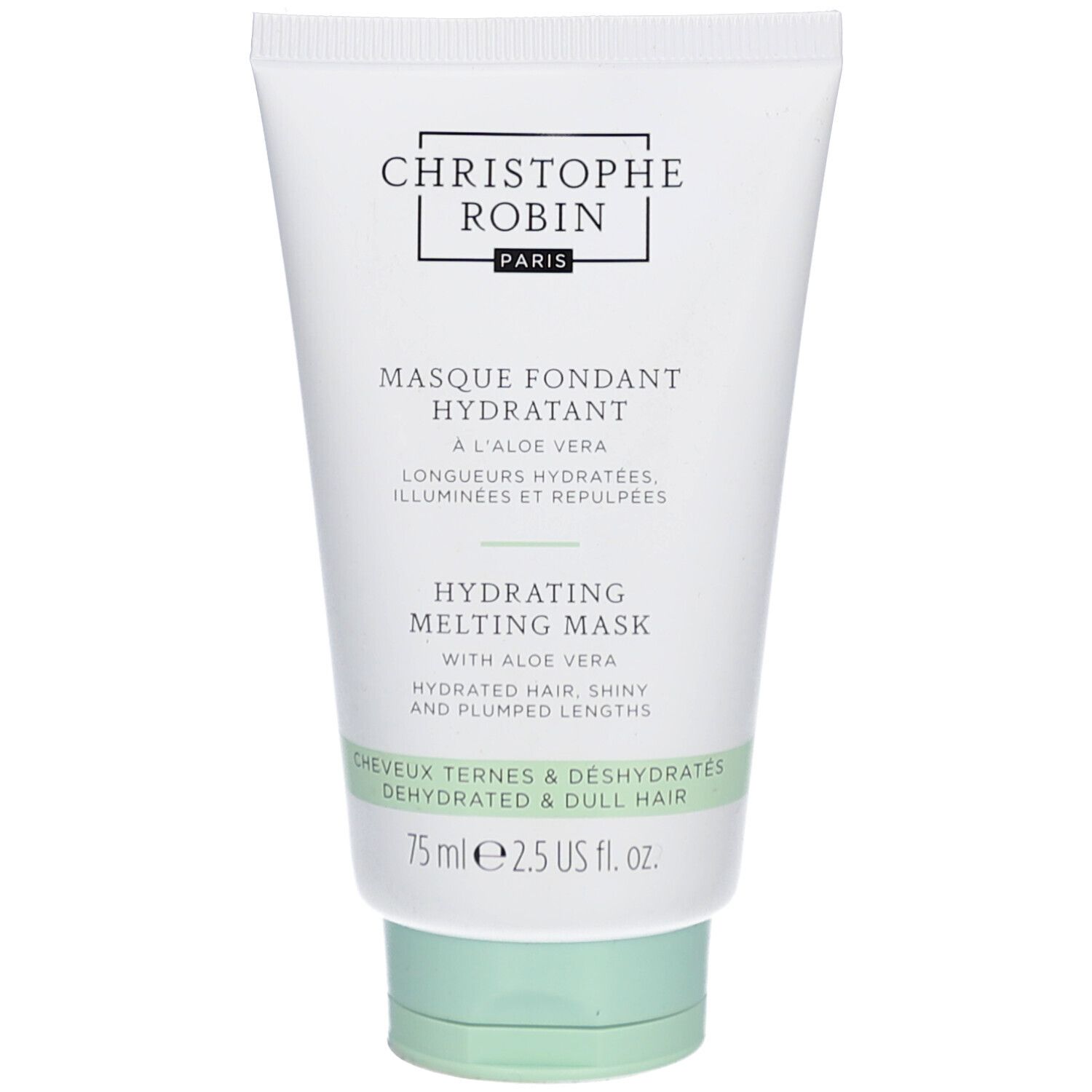 Tube blanc avec bouchon vert. Inscription noire: Christophe Robin. Nom et description du produit. 75 ml.