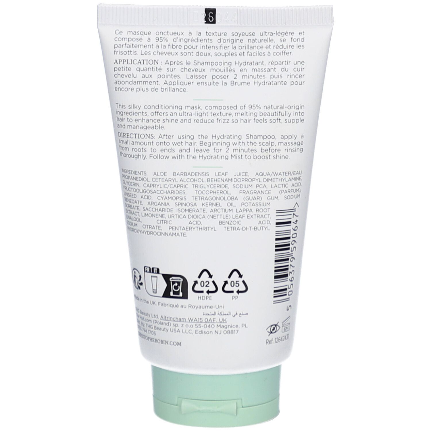 Dos du tube. Texte multilingue. Ingrédients et instructions d'utilisation. Bouchon vert.