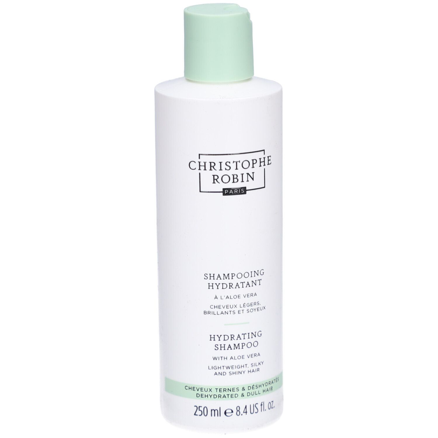 Weiße Flasche mit grünem Deckel. Aufschrift: Christophe Robin, Shampooing Hydratant, Hydrating Shampoo, 250 ml.