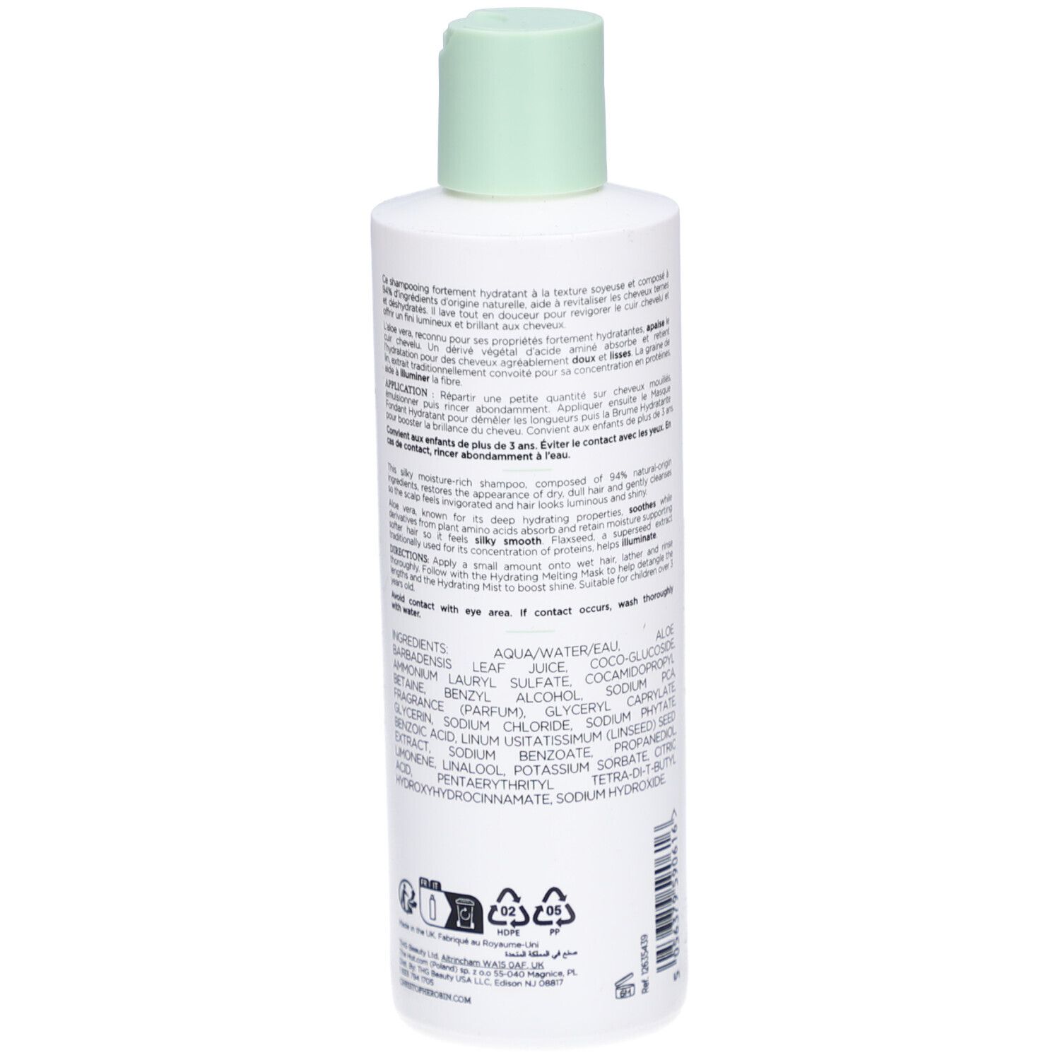 Weiße Flasche mit grünem Deckel. Rückseite mit Informationen und Inhaltsstoffen. 250 ml.