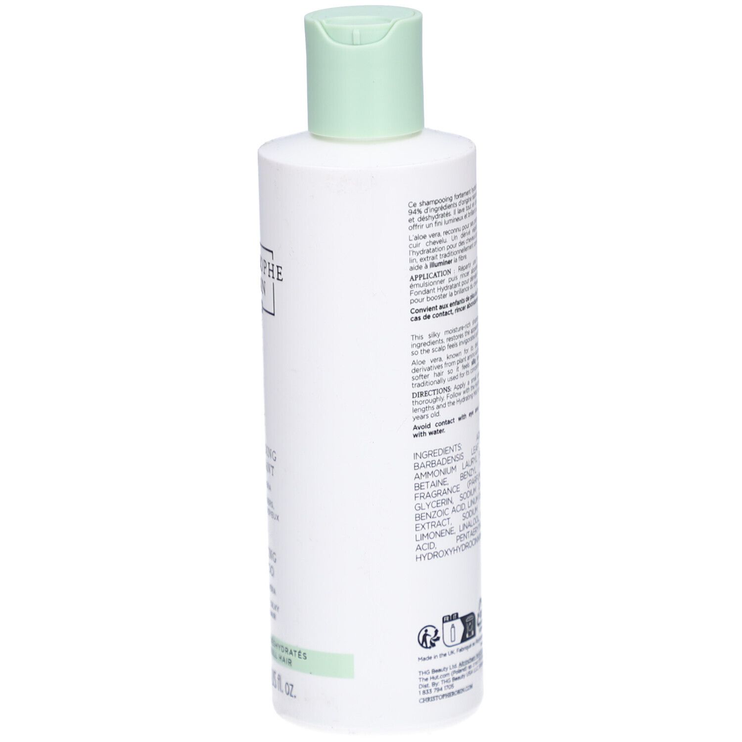 Weiße Flasche mit grünem Deckel. Rückseite mit Informationen und Inhaltsstoffen. 250 ml.