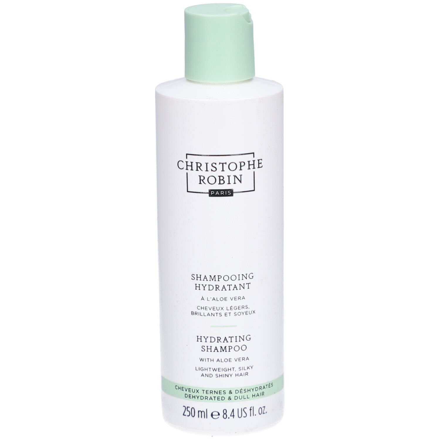 Weiße Flasche mit grünem Deckel. Aufschrift: Christophe Robin, Shampooing Hydratant, Hydrating Shampoo, 250 ml.