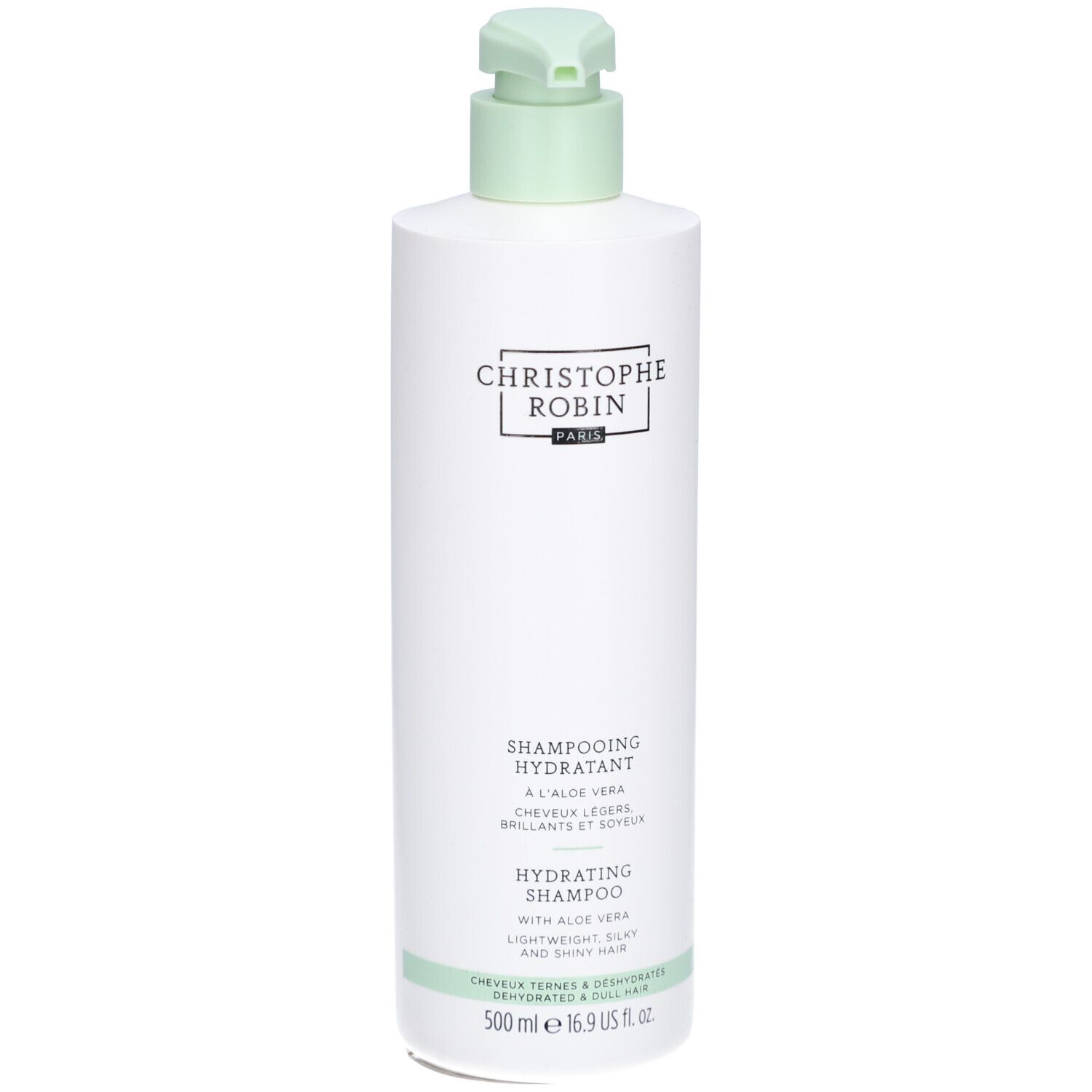 Weiße Shampoo-Flasche mit grünem Pumpkopf. Aufschrift: CHRISTOPHE ROBIN PARIS. Text: SHAMPOOING HYDRATANT, HYDRATING SHAMPOO.