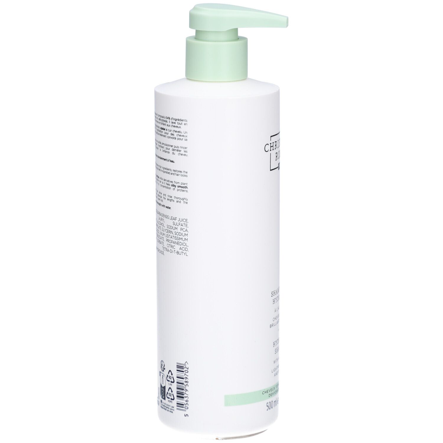 Weiße Shampoo-Flasche mit grünem Pumpkopf. Rückseite mit Text und Barcode. Marke: CHRISTOPHE ROBIN. Volumen: 500 ml.