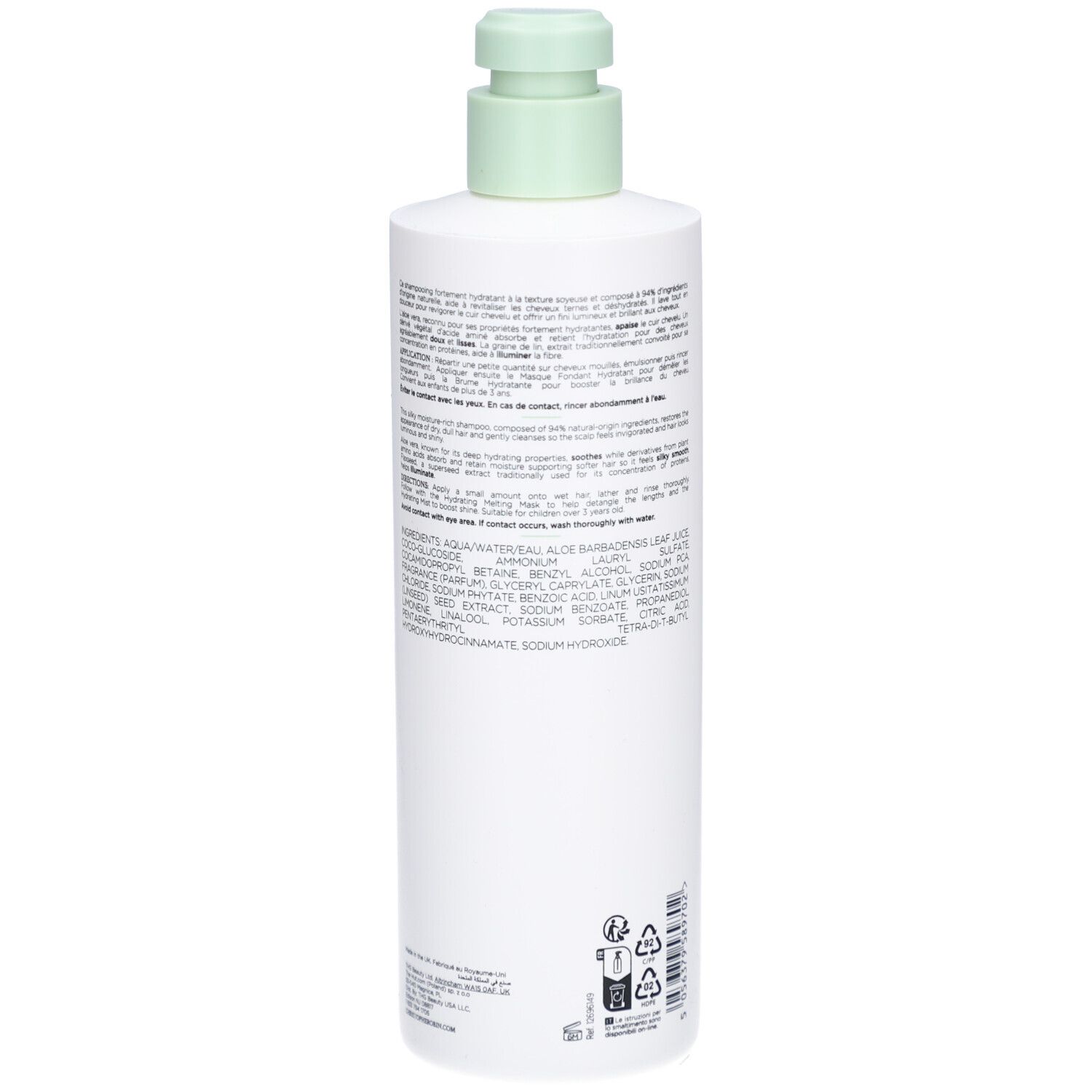 Rückseite einer weißen Shampoo-Flasche mit grünem Pumpkopf. Text mit Inhaltsstoffen und weiteren Informationen. Marke: CHRISTOPHE ROBIN.