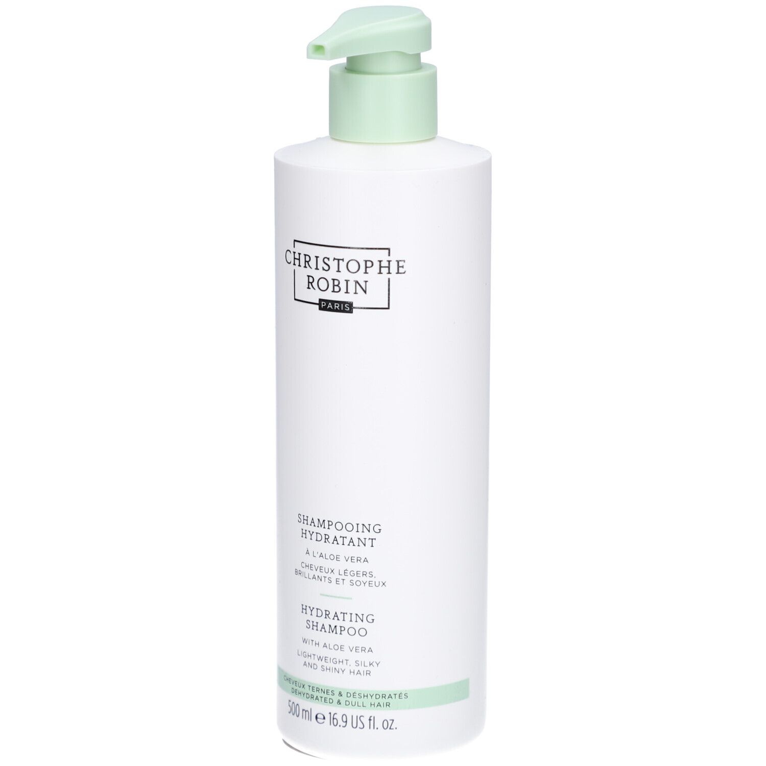 Weiße Shampoo-Flasche mit grünem Pumpkopf. Aufschrift: CHRISTOPHE ROBIN PARIS. Text: SHAMPOOING HYDRATANT, HYDRATING SHAMPOO.
