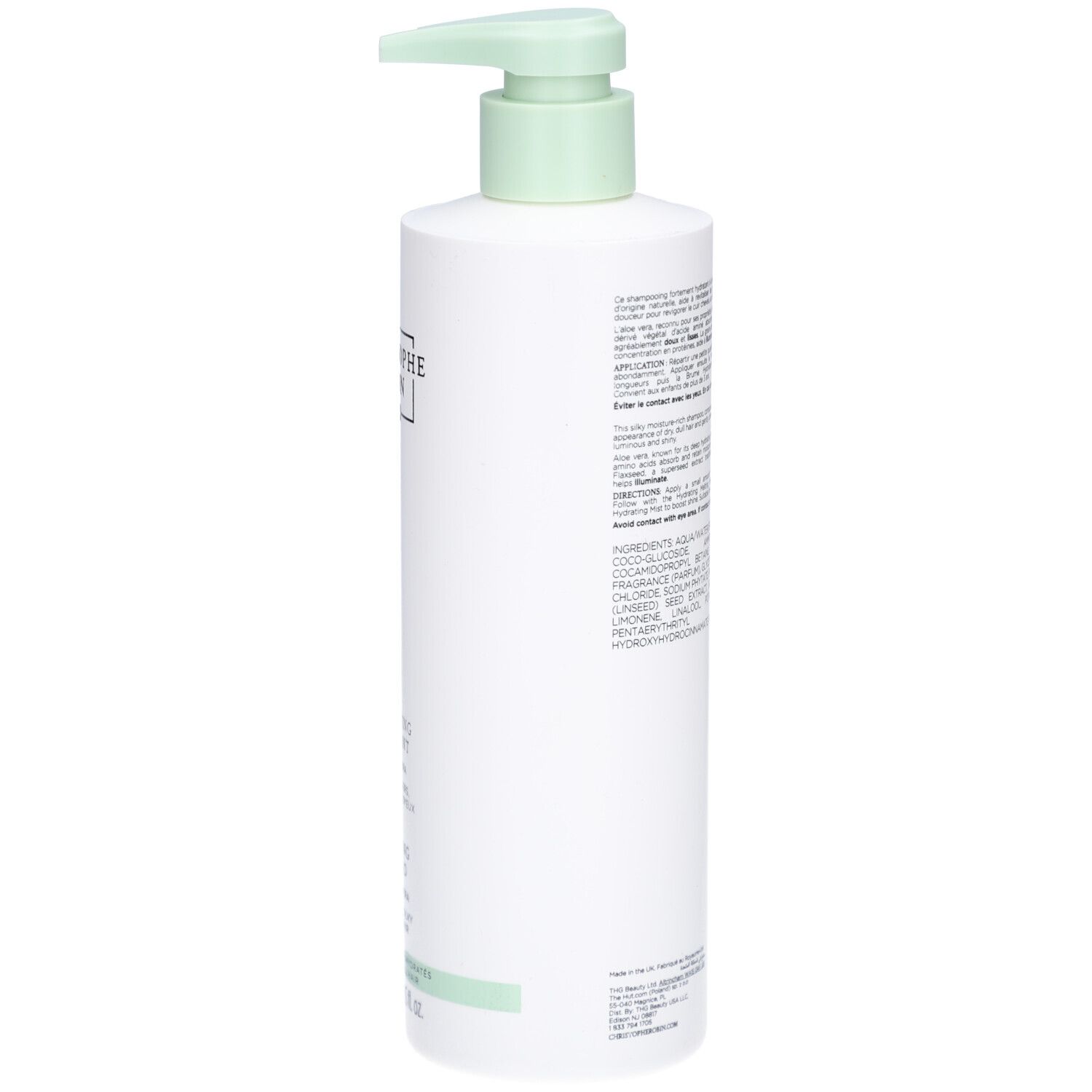 Weiße Shampoo-Flasche mit grünem Pumpkopf. Rückseite mit Text. Marke: CHRISTOPHE ROBIN. Volumen: 500 ml.