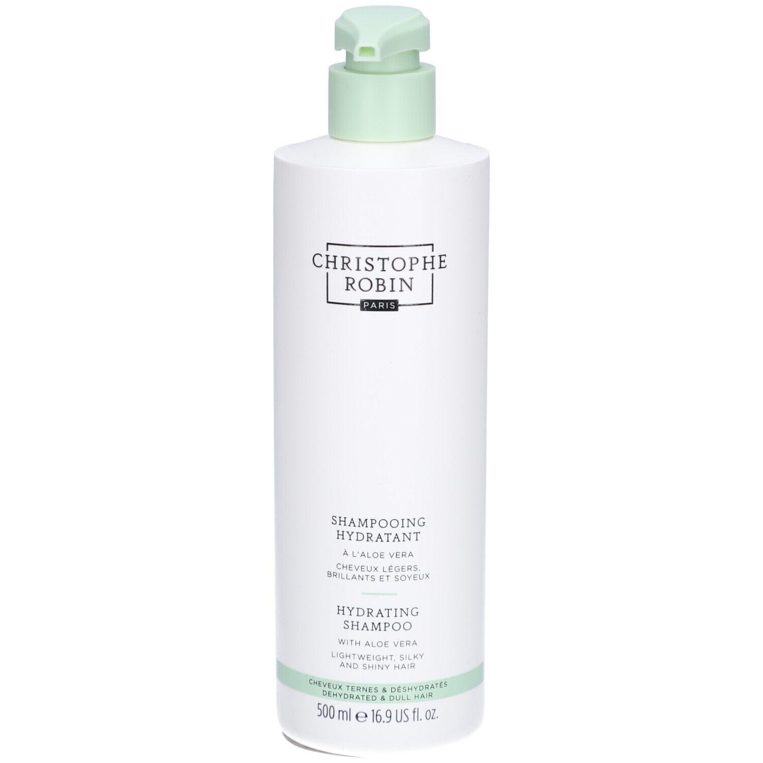 Weiße Shampoo-Flasche mit grünem Pumpkopf. Aufschrift: CHRISTOPHE ROBIN PARIS. Text: SHAMPOOING HYDRATANT, HYDRATING SHAMPOO.