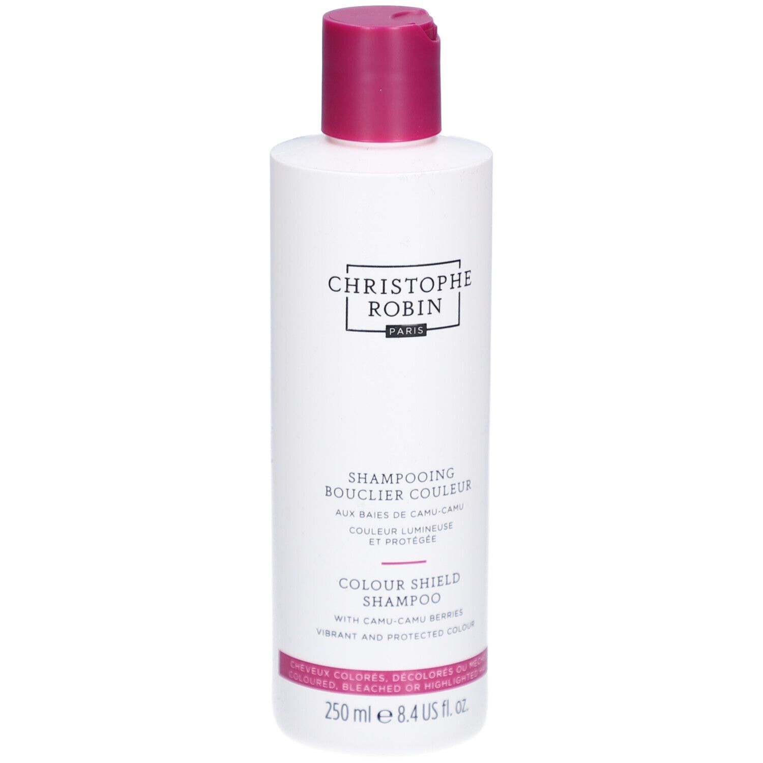 Flacon de shampooing blanc, bouchon rose. Inscription: Christophe Robin, Colour Shield Shampoo. 250 ml.