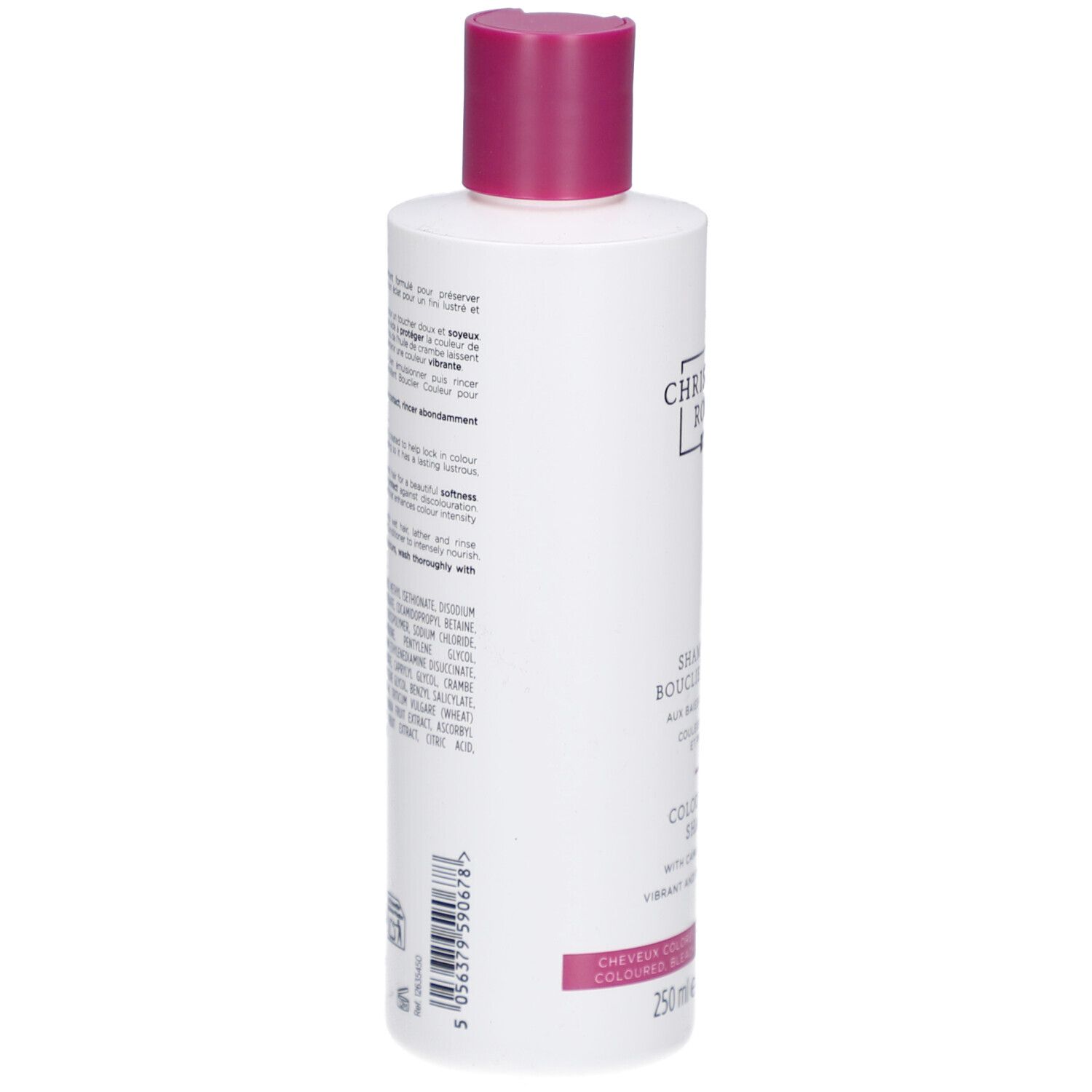 Dos du flacon de shampooing. Texte multilingue. Ingrédients et instructions d'utilisation.