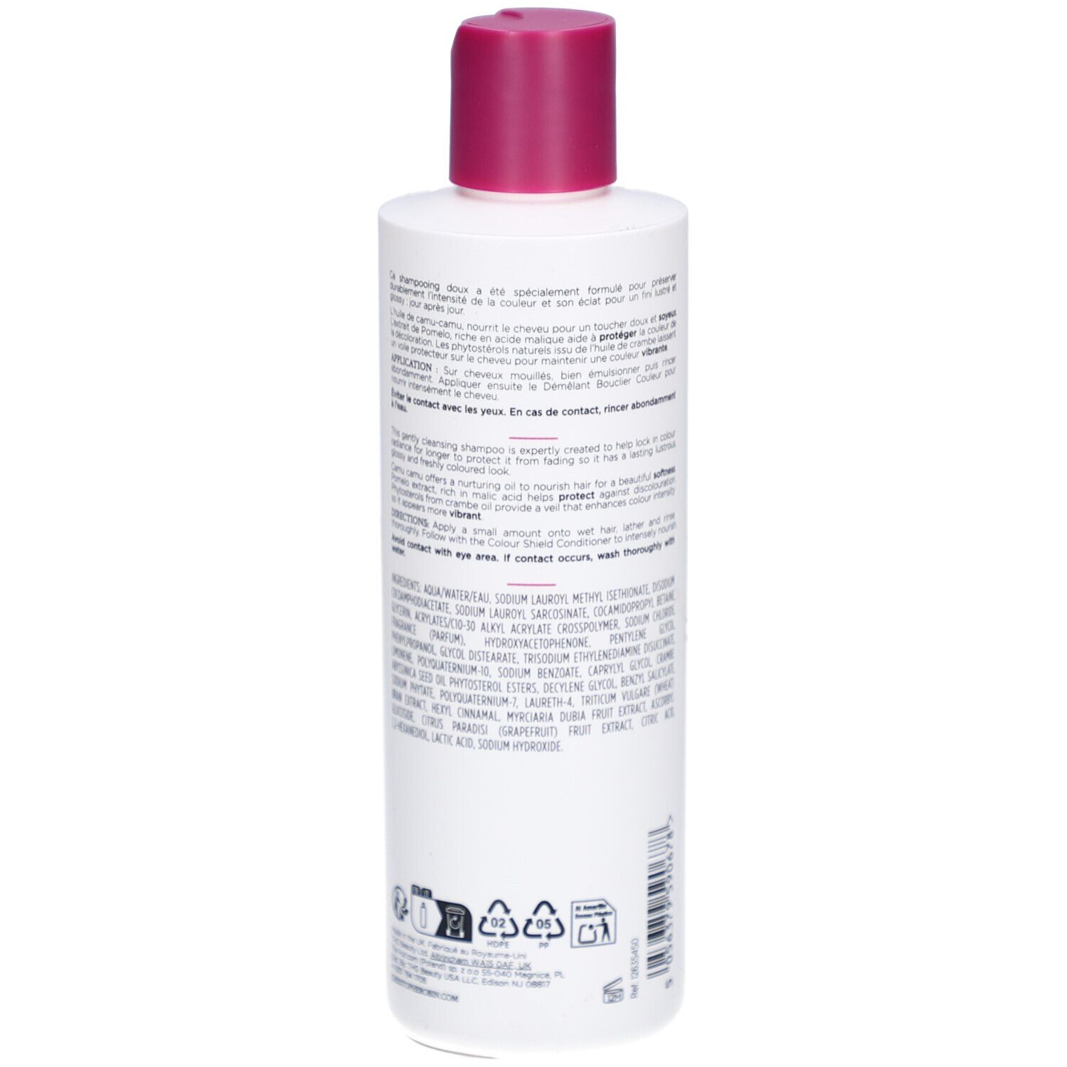 Dos du flacon de shampooing. Texte multilingue. Instructions d'utilisation et ingrédients.