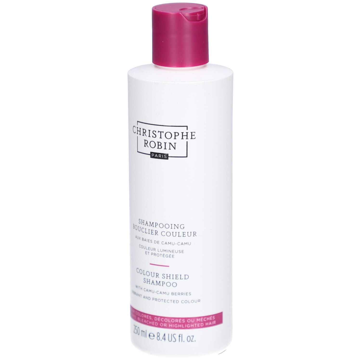 Flacon de shampooing blanc, bouchon rose. Inscription: Christophe Robin, Colour Shield Shampoo. 250 ml.