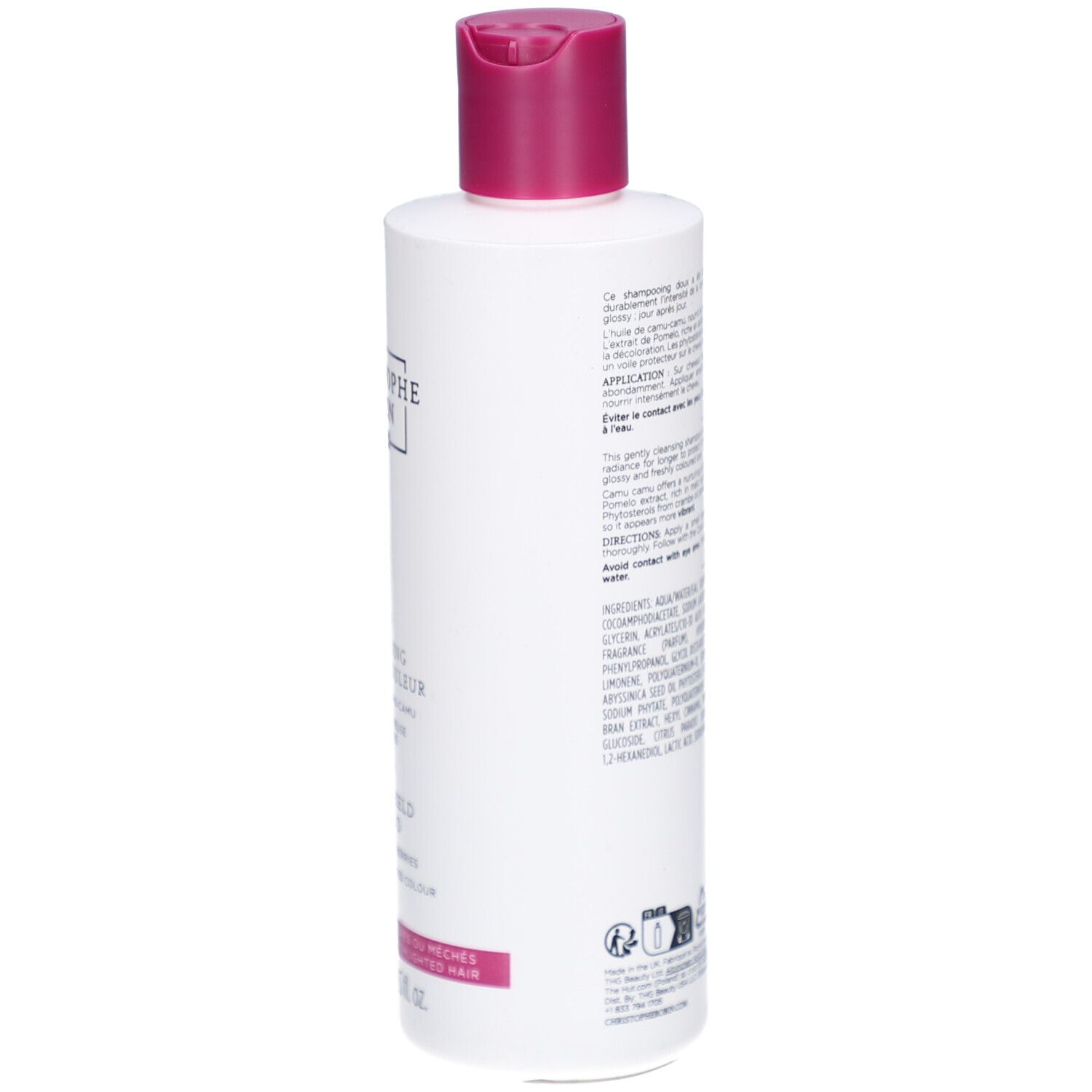 Dos du flacon de shampooing. Texte multilingue. Instructions d'utilisation et ingrédients.
