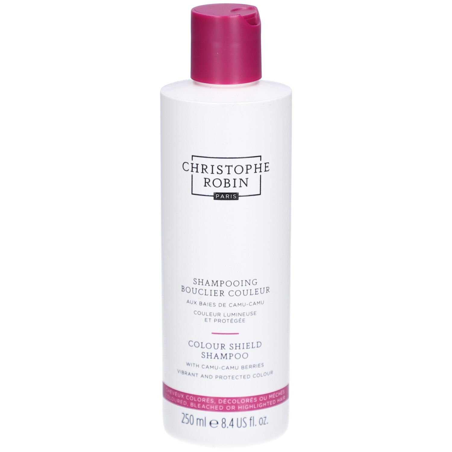 Flacon de shampooing blanc, bouchon rose. Inscription: Christophe Robin, Colour Shield Shampoo. 250 ml.