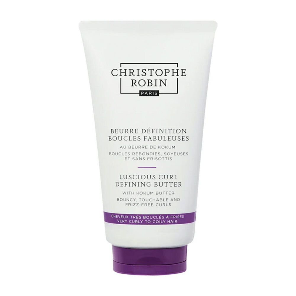 Tube blanc avec accents violets. Inscription : CHRISTOPHE ROBIN PARIS, BEURRE DÉFINITION BOUCLES FABULEUSES, LUSCIOUS CURL DEFINING BUTTER.