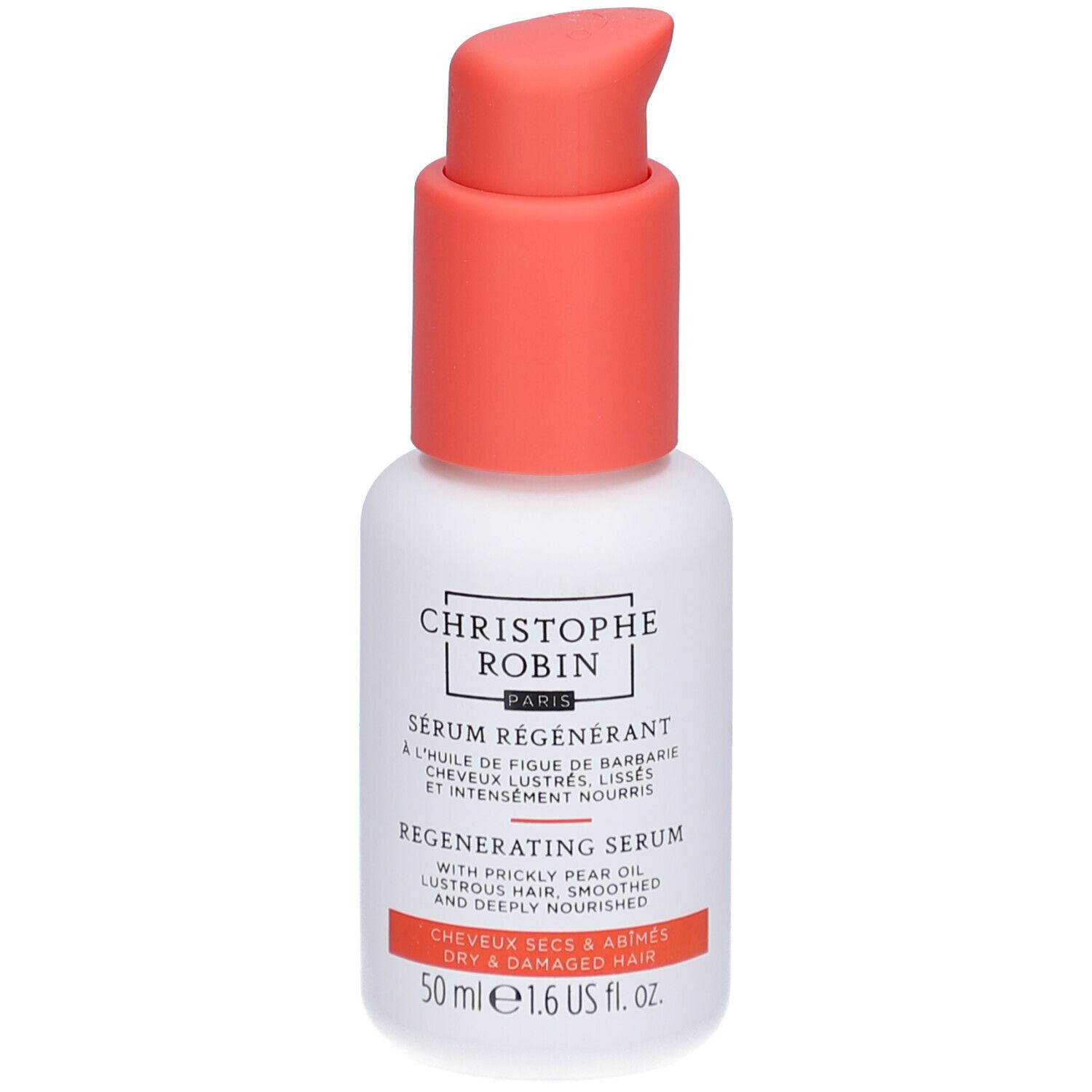 Weiße Flasche mit korallenfarbenem Pumpkopf. Beschriftung: Christophe Robin, Regenerierendes Serum, 50 ml.