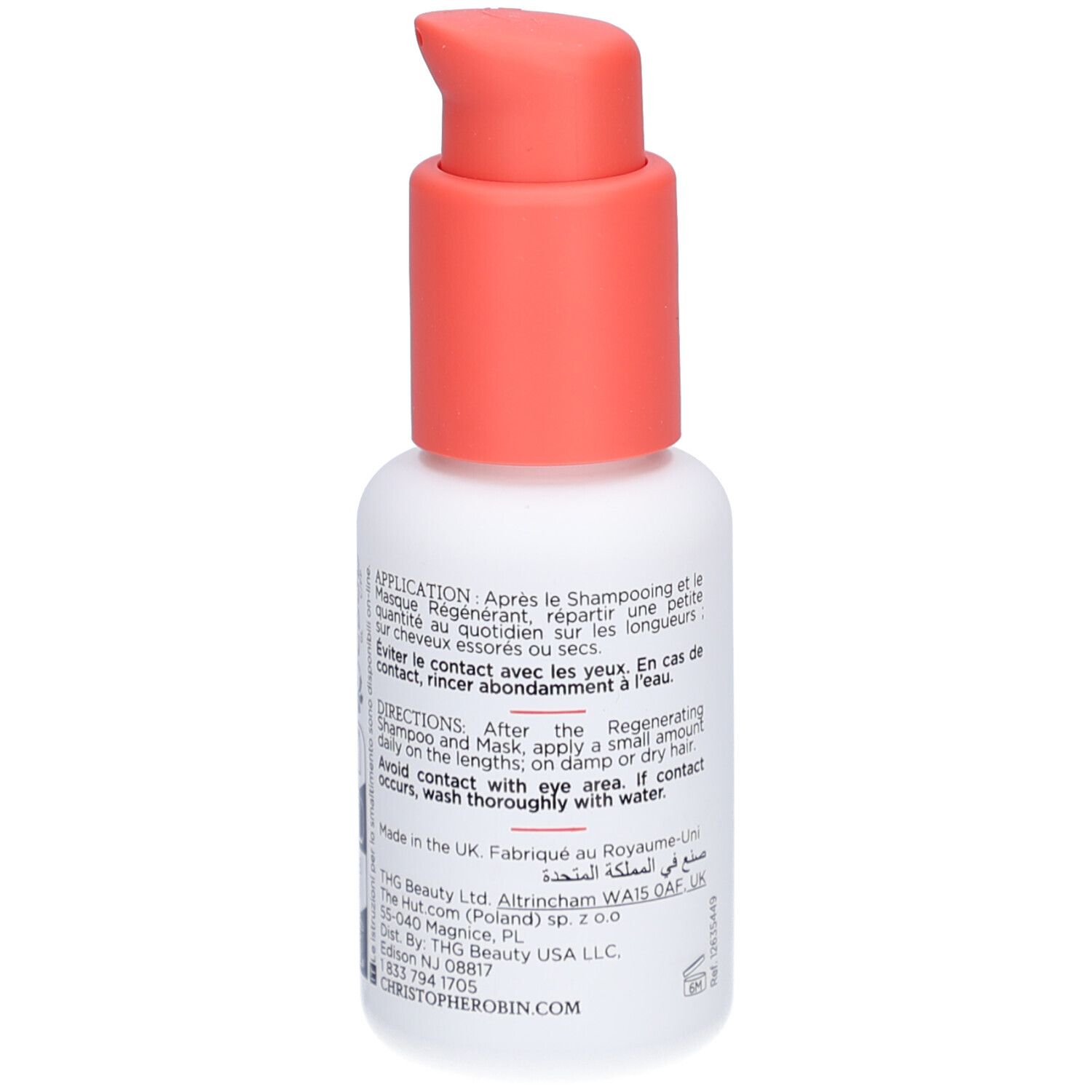 Rückseite einer weißen Flasche mit korallenfarbenem Pumpkopf. Text: Anwendung, Inhaltsstoffe, Hersteller.