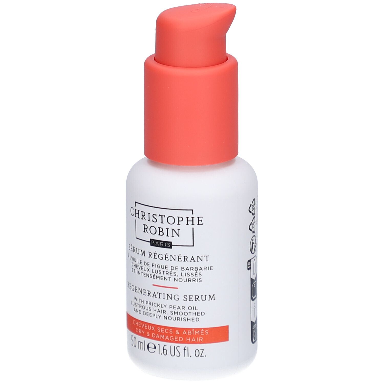 Weiße Flasche mit korallenfarbenem Pumpkopf. Beschriftung: Christophe Robin, Regenerierendes Serum, 50 ml.