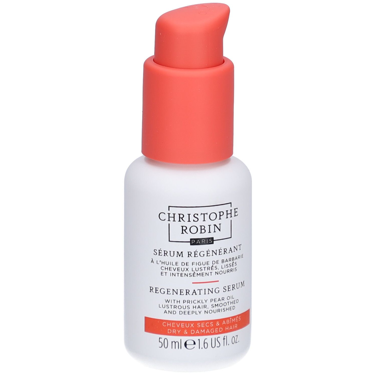 Weiße Flasche mit korallenfarbenem Pumpkopf. Beschriftung: Christophe Robin, Regenerierendes Serum, 50 ml.