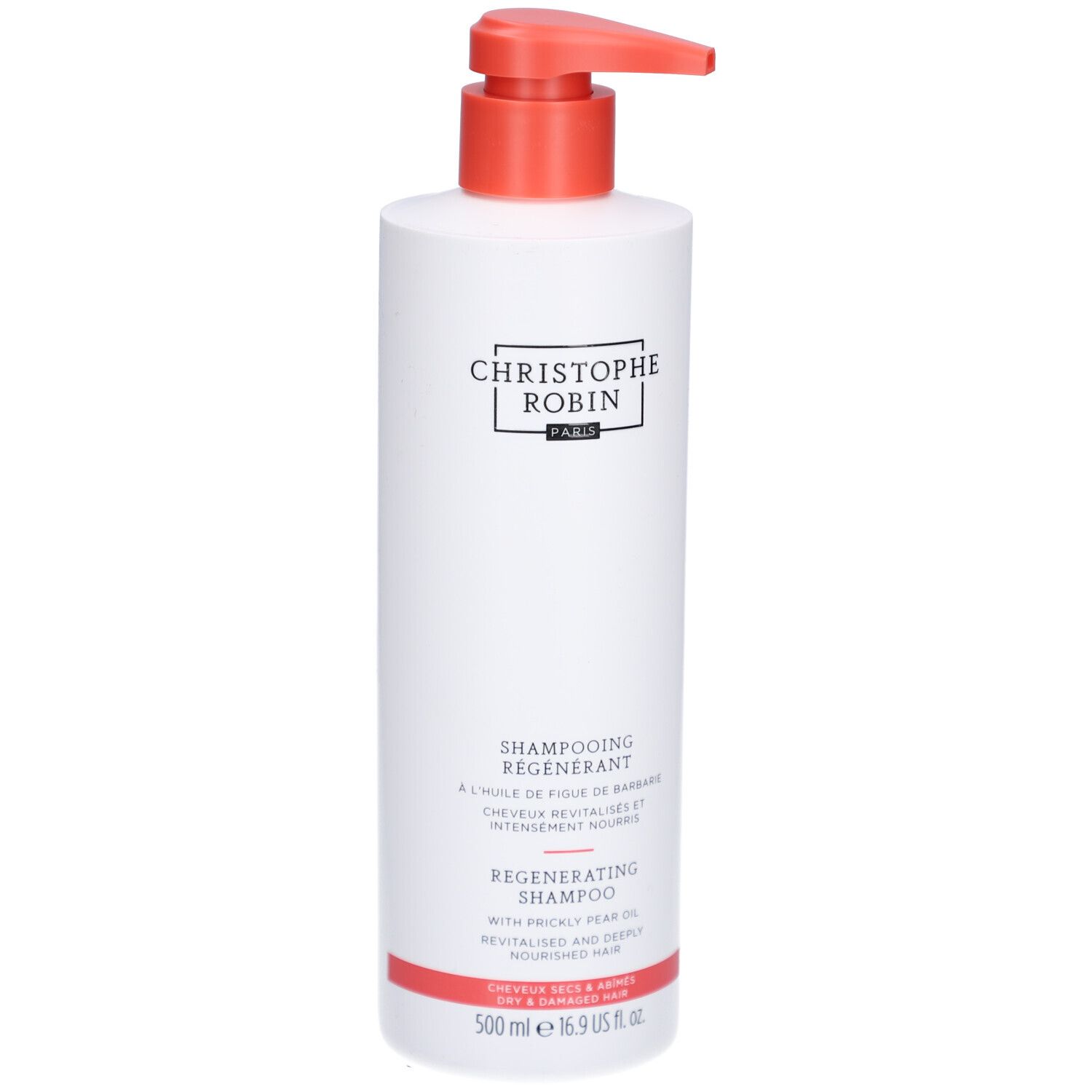 Flacon blanc avec pompe rouge. Texte: CHRISTOPHE ROBIN PARIS, SHAMPOOING RÉGÉNÉRANT, REGENERATING SHAMPOO.