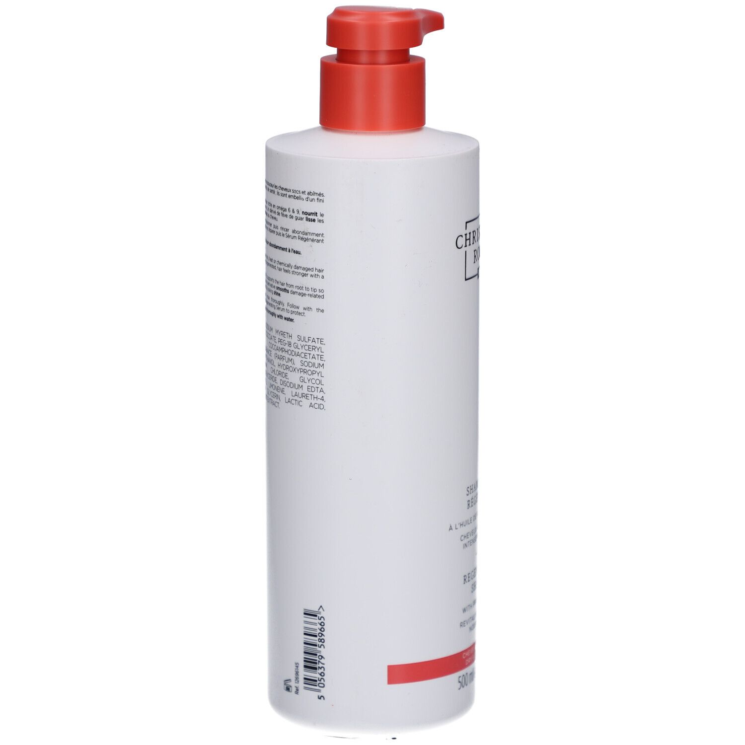 Dos du flacon blanc avec texte. Contient les ingrédients et des informations sur le produit.