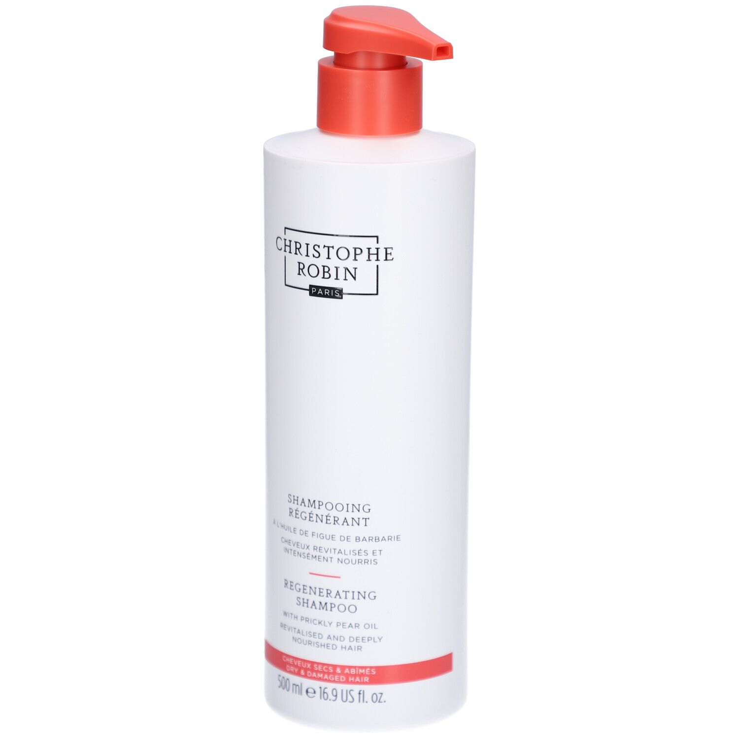 Flacon blanc avec pompe rouge. Texte: CHRISTOPHE ROBIN PARIS, SHAMPOOING RÉGÉNÉRANT, REGENERATING SHAMPOO.