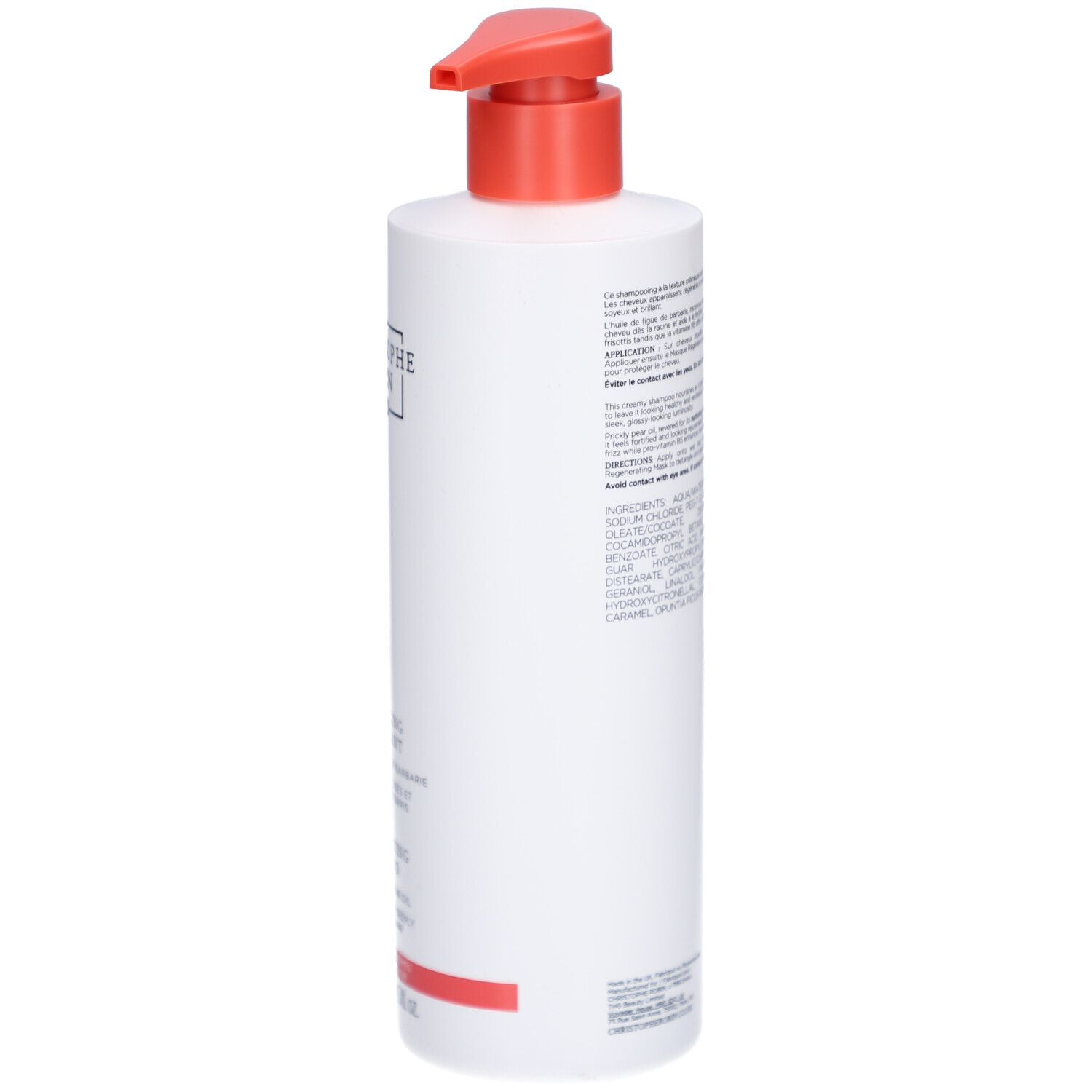 Dos du flacon blanc avec texte. Contient des informations sur le produit et les ingrédients.