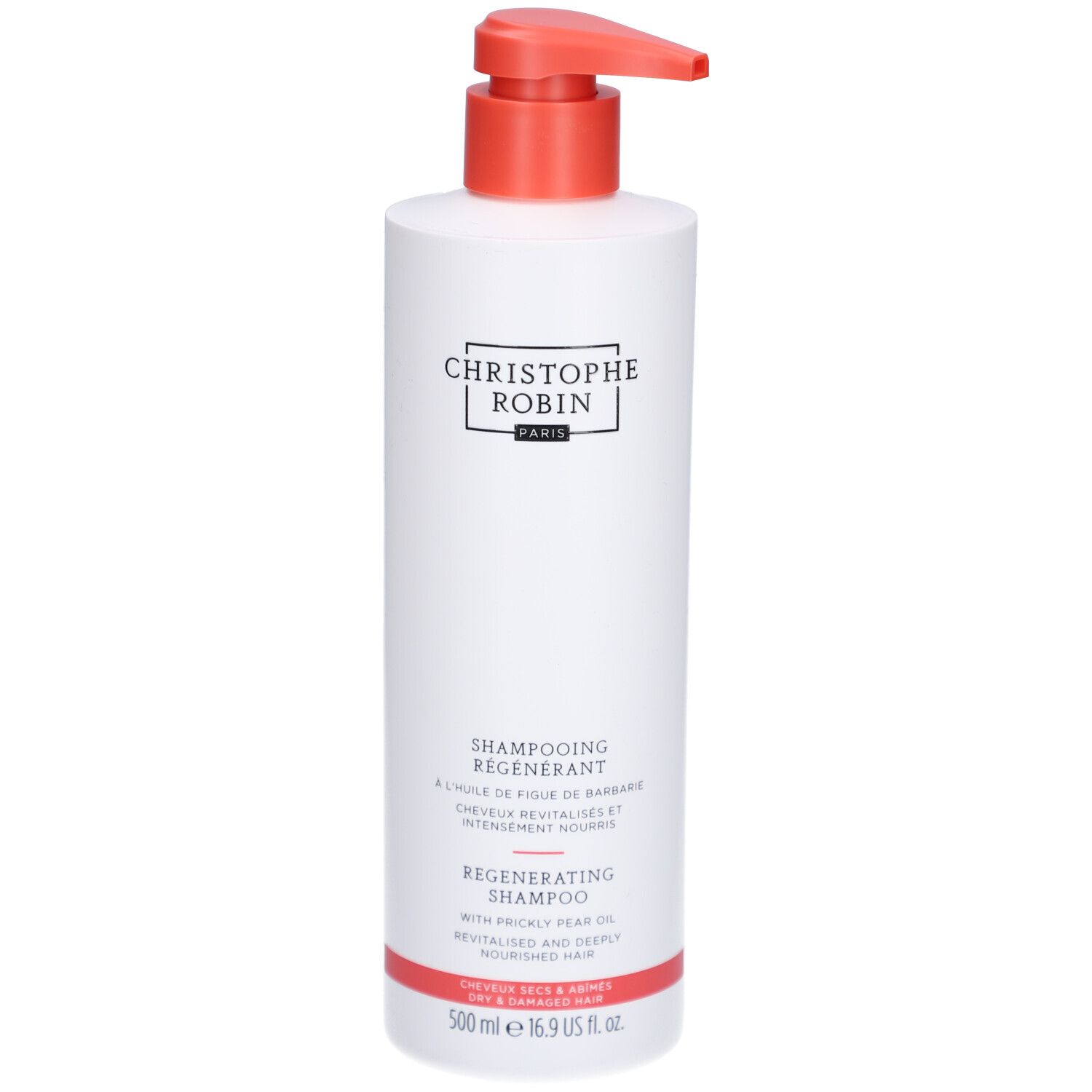 Flacon blanc avec pompe rouge. Texte: CHRISTOPHE ROBIN PARIS, SHAMPOOING RÉGÉNÉRANT, REGENERATING SHAMPOO.