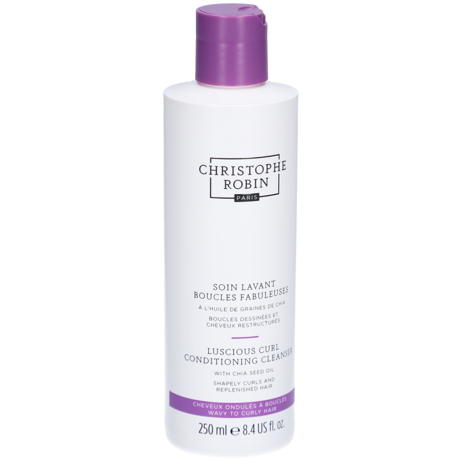 Weiße Flasche mit lila Verschluss. Text: Christophe Robin, Soin Lavant Boucles Fabuleuses, Luscious Curl Conditioning Cleanser.