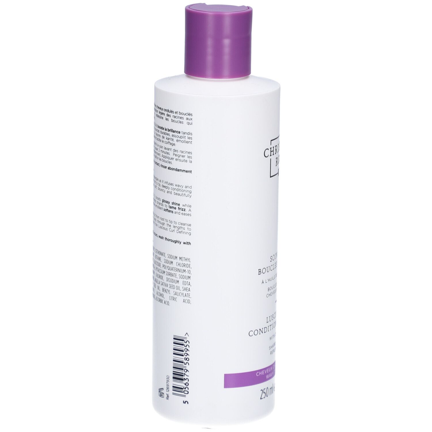 Rückseite der weißen Flasche mit Text. Marke Christophe Robin. Inhaltsstoffe und Anweisungen.