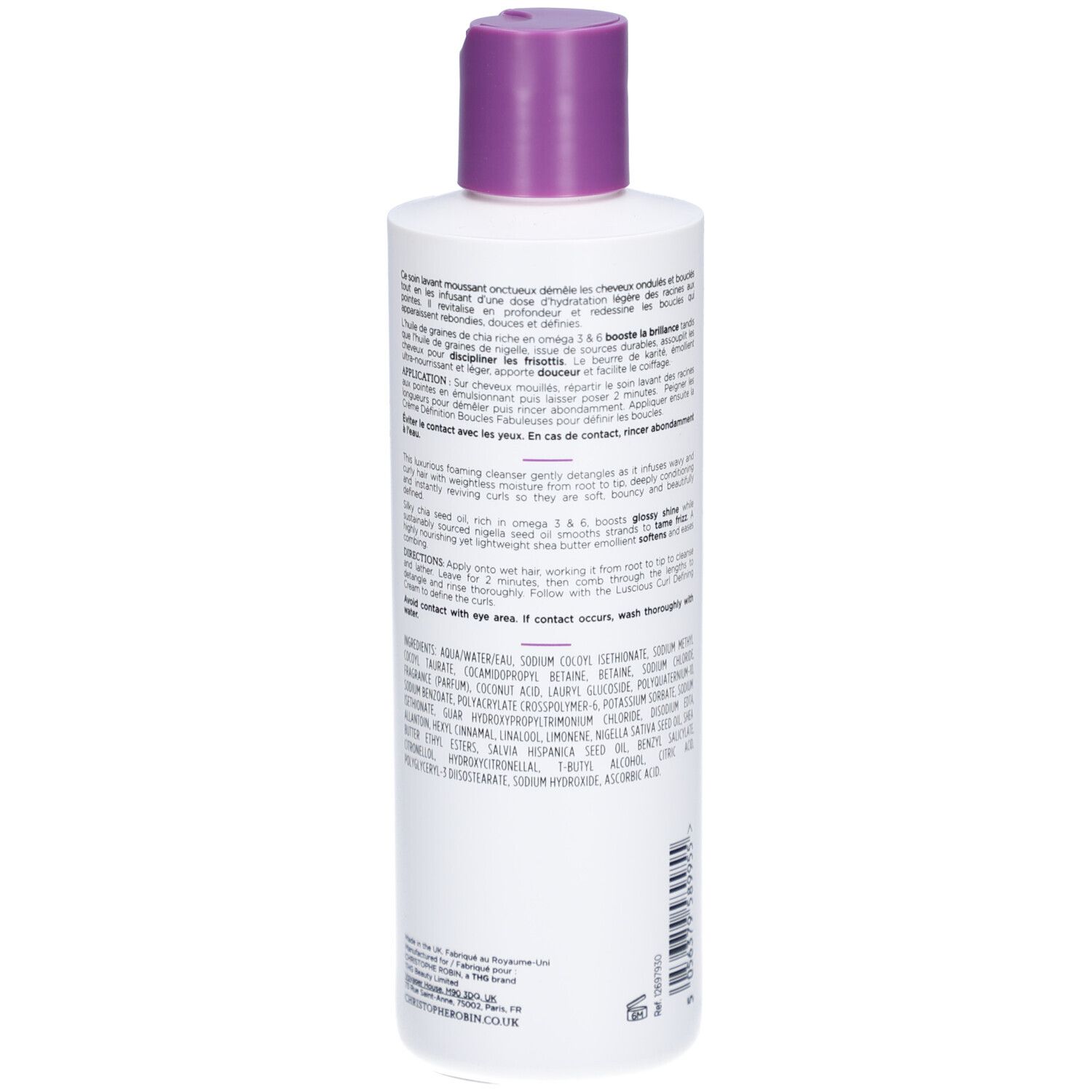 Weiße Flasche mit Text. Marke Christophe Robin. Inhaltsstoffe und Anweisungen.