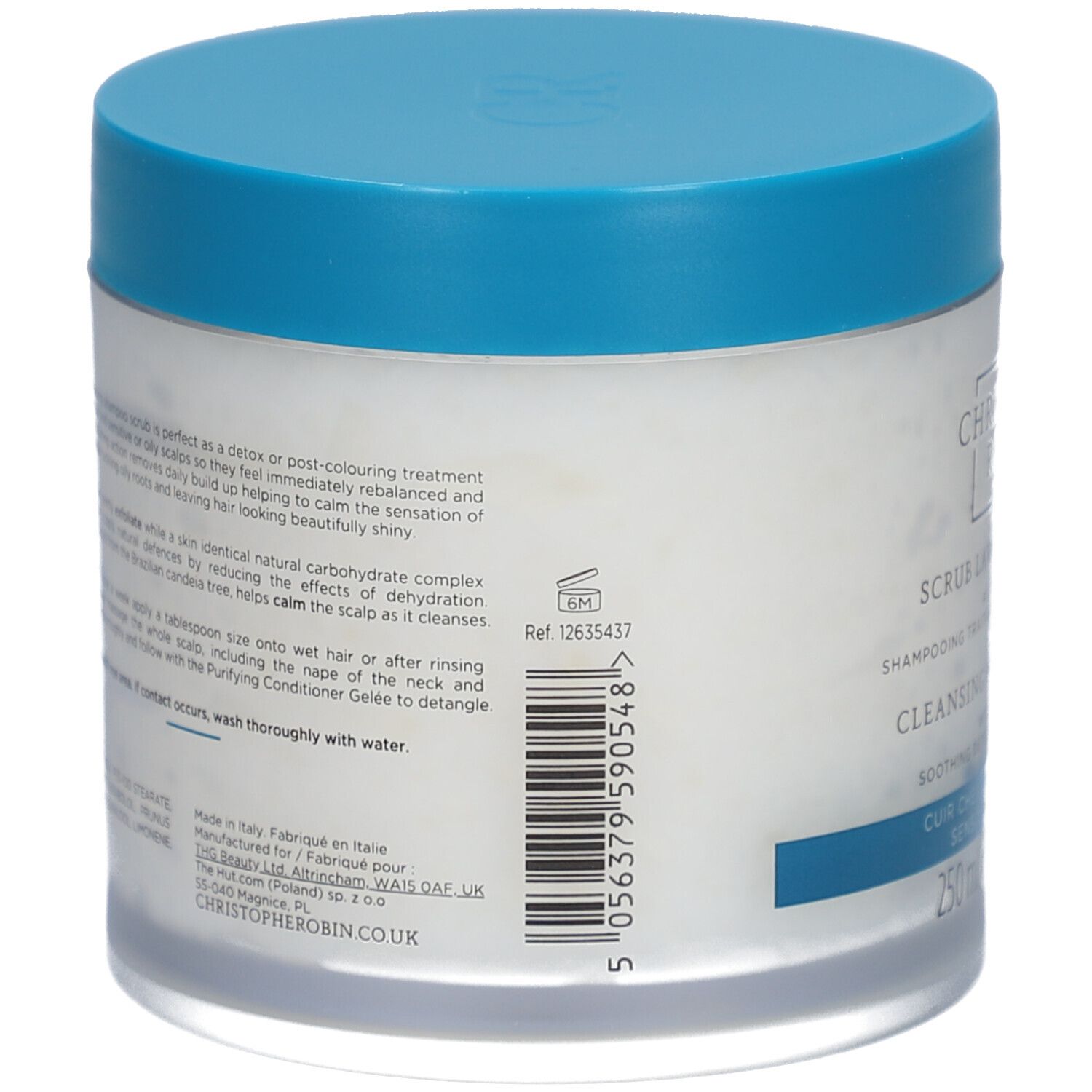 Rückseite der Dose. Text: Anwendungshinweise, Inhaltsstoffe, Herstellerinformationen und Barcode.