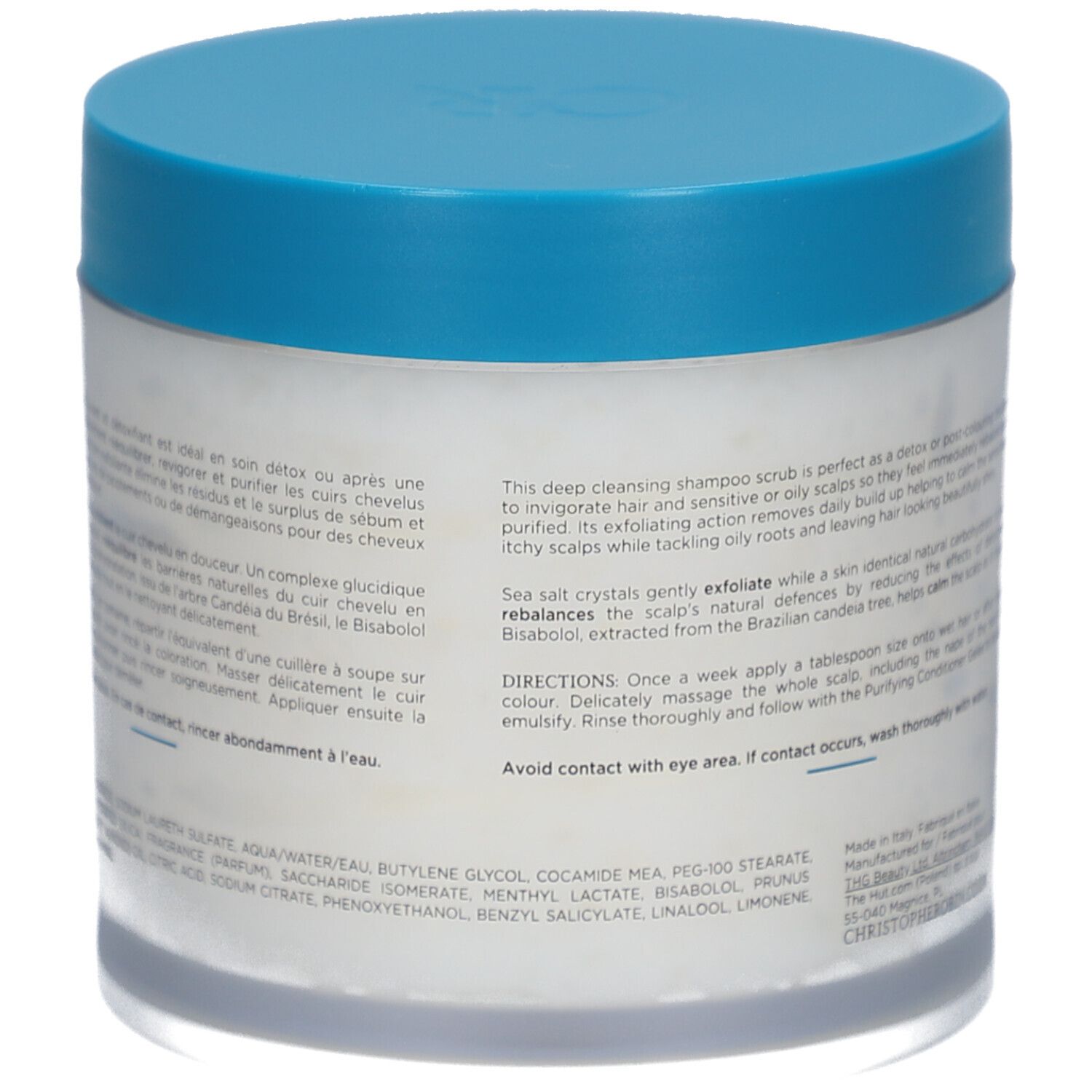 Rückseite der Dose. Text: Anwendungshinweise, Inhaltsstoffe, Herstellerinformationen.