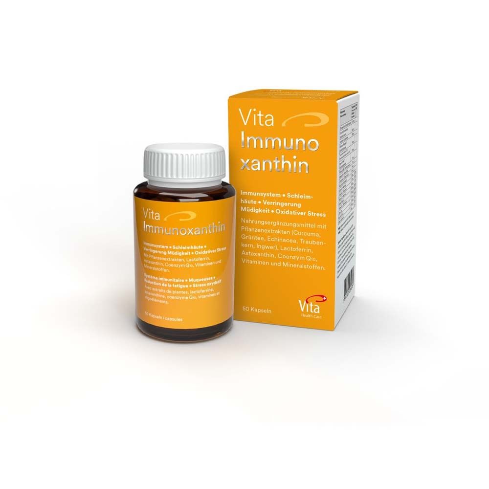 Vita ImmunoXanthin®-Kapseln und Schachtel. Braune Flasche mit weißem Deckel. Gelbe Schachtel.