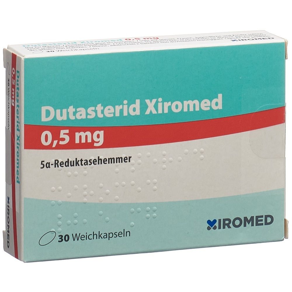Karton mit der Aufschrift DUTASTERID Xiromed 0.5 mg. Rote und blaue Akzente. Weiße Schrift auf blauem Grund.