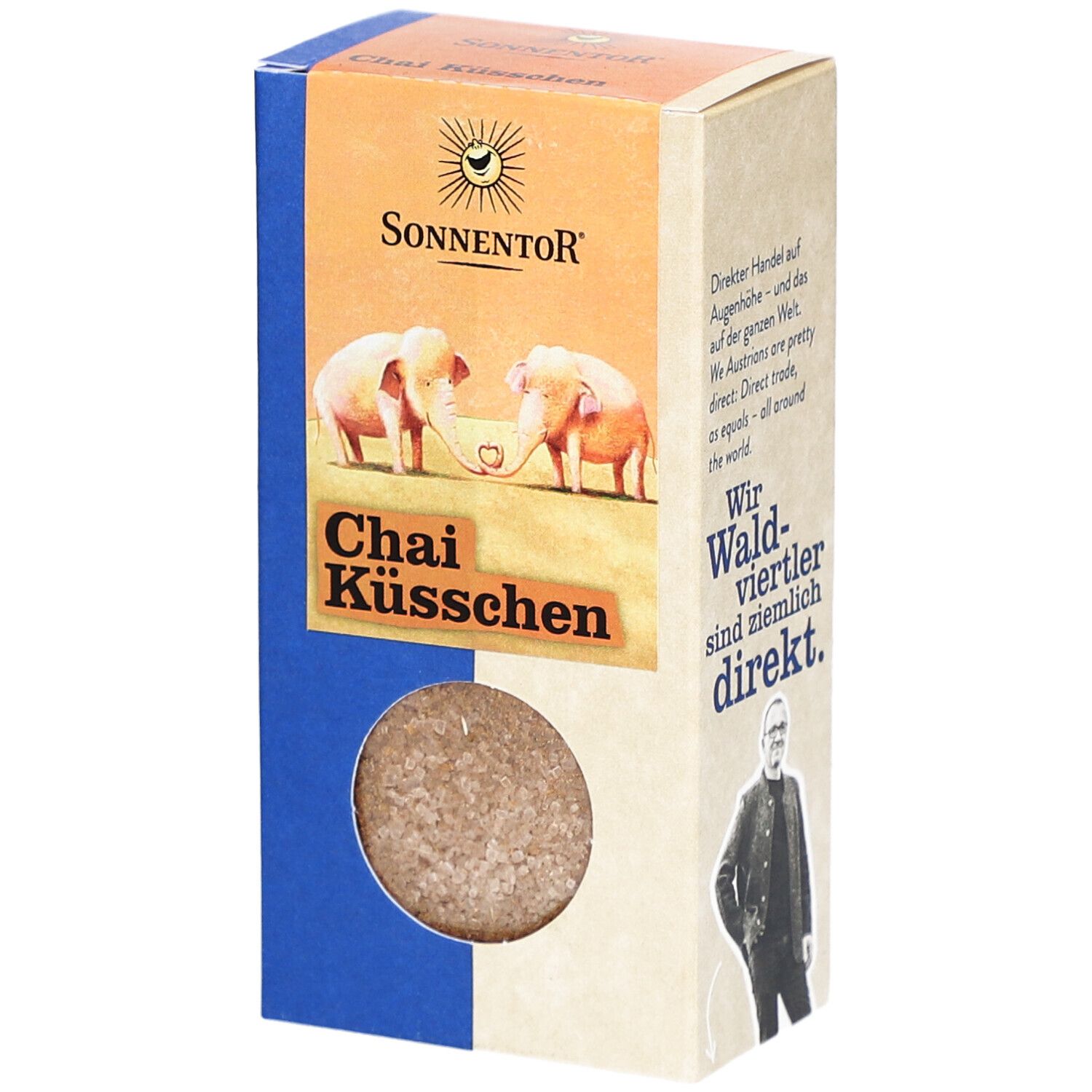 Boîte de SONNENTOR Chai Küsschen Gewürzblüten. Produit rond visible. Logo et nom du produit clairement visibles.