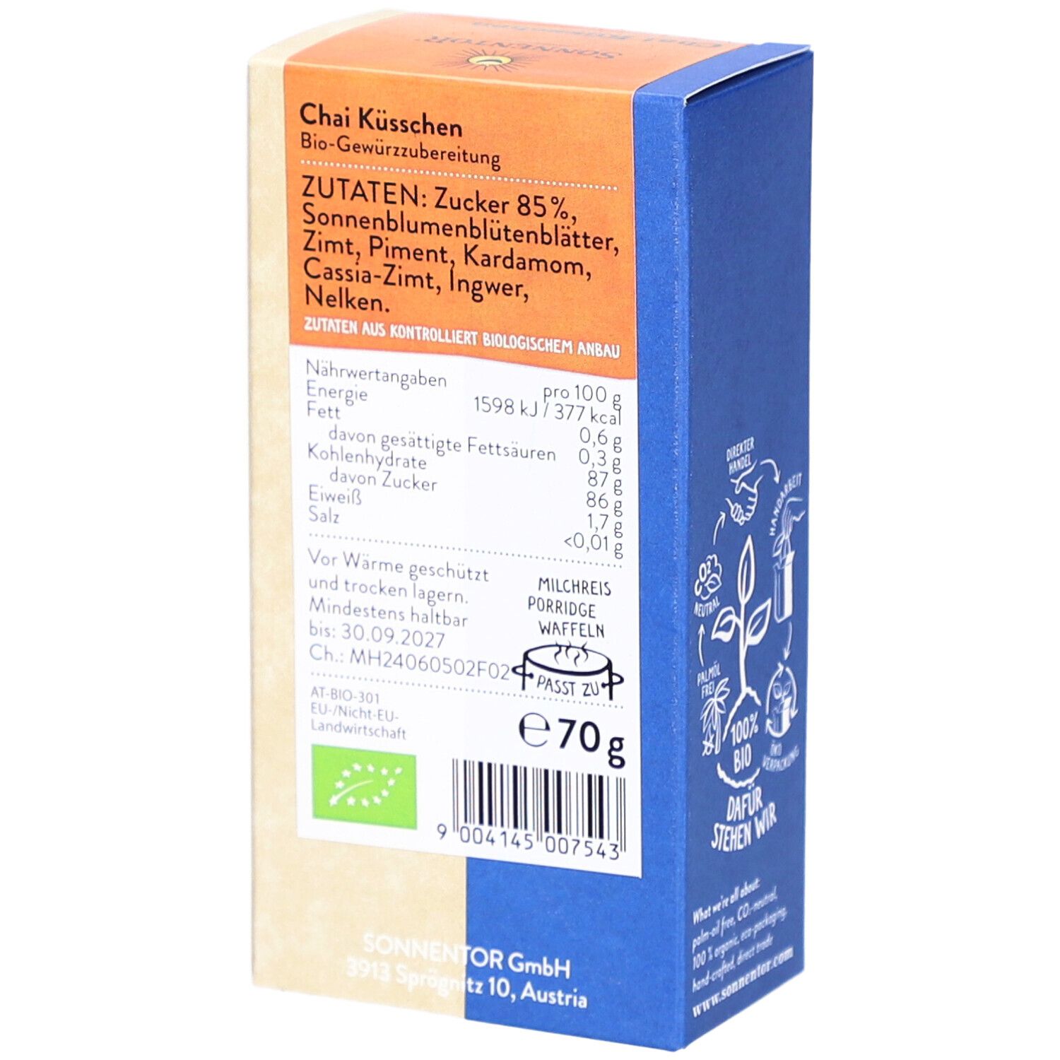 Dos de l'emballage SONNENTOR Chai Küsschen. Liste des ingrédients, informations nutritionnelles et label bio visibles.