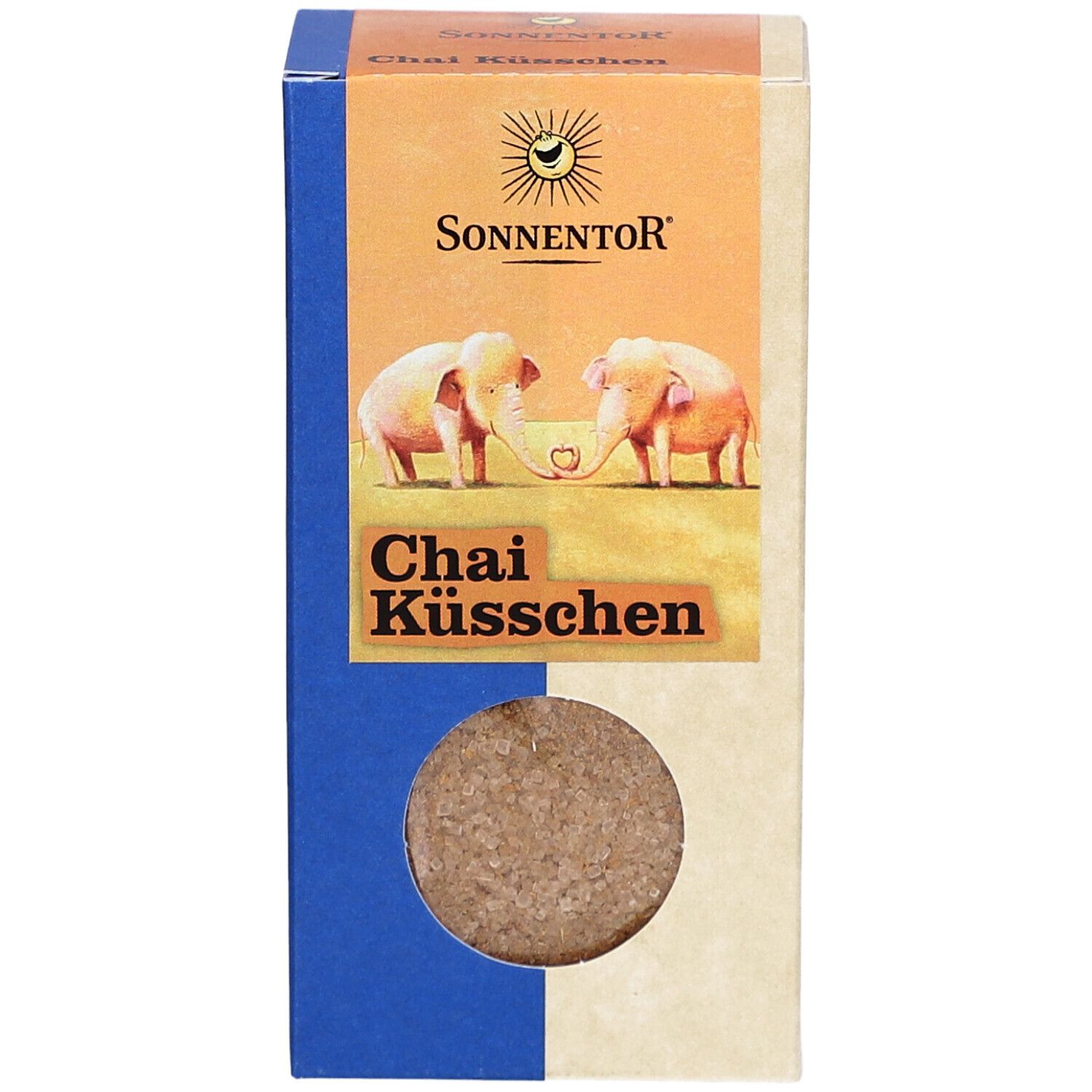 Emballage SONNENTOR Chai Küsschen. Vue de face avec logo, nom du produit et illustration. Forme ronde visible.