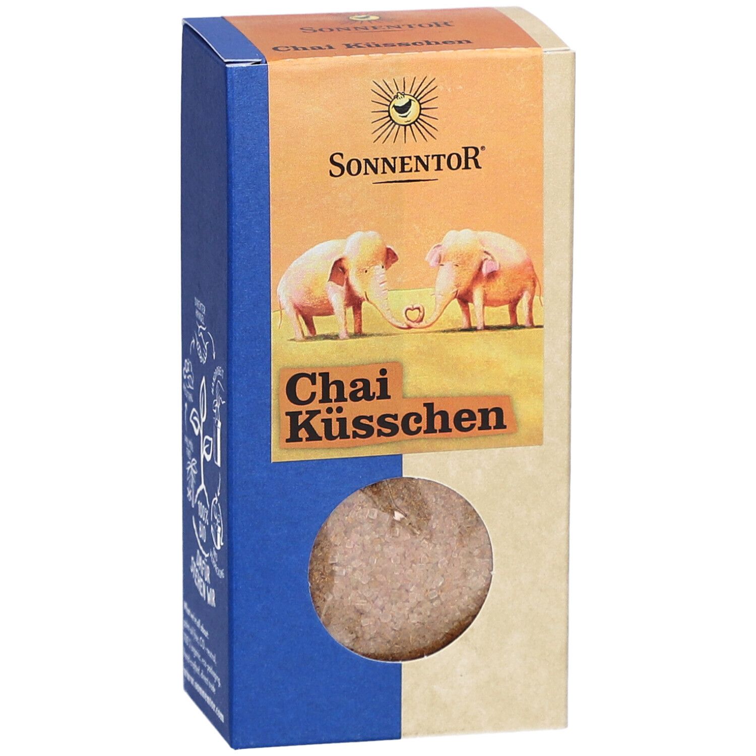 Emballage SONNENTOR Chai Küsschen. Vue de face avec logo, nom du produit et illustration. Forme ronde visible.